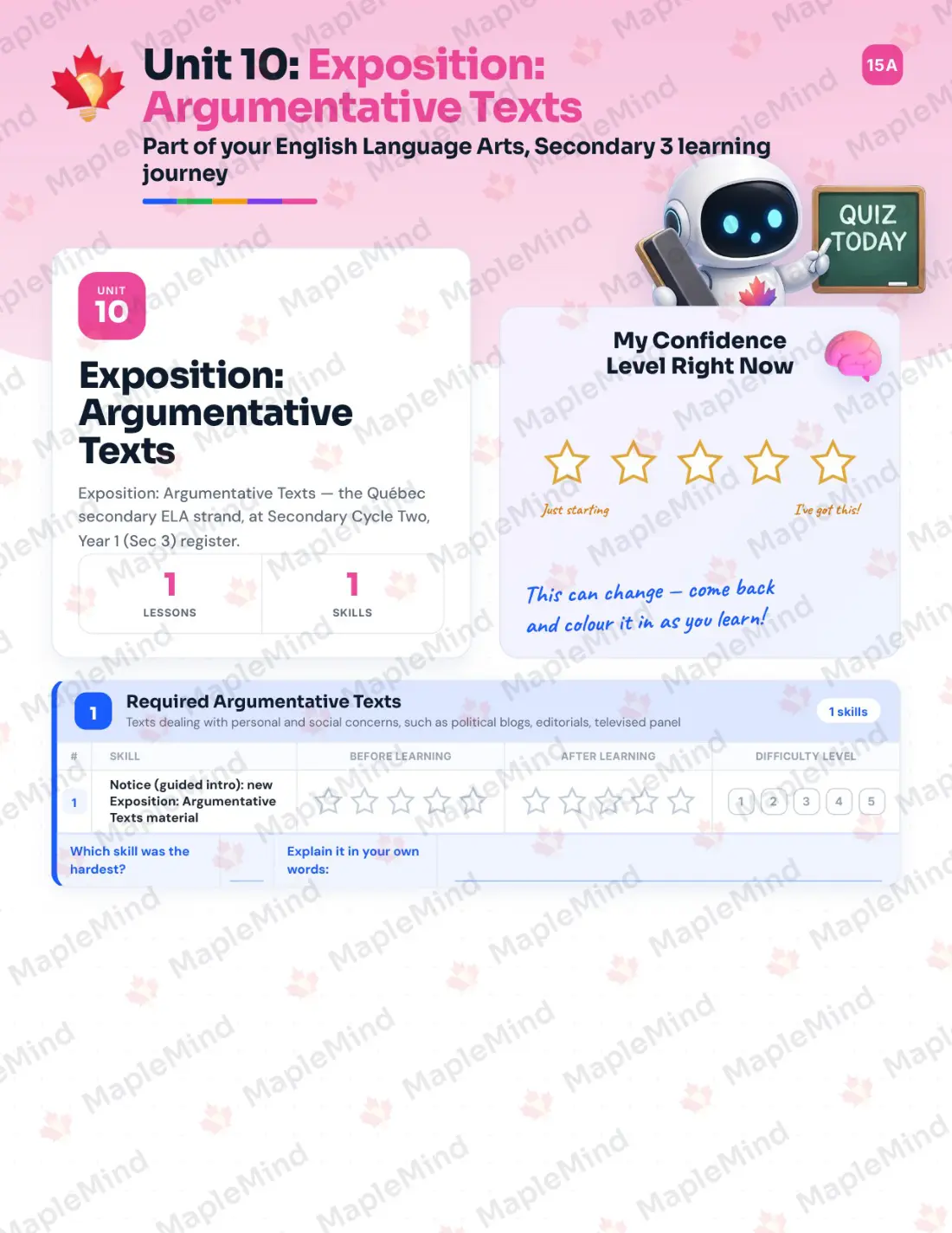 Page 44 of 68 from the English Language Arts, Secondary 3 Quebec Course Companion — skills tracker with before and after self-assessment