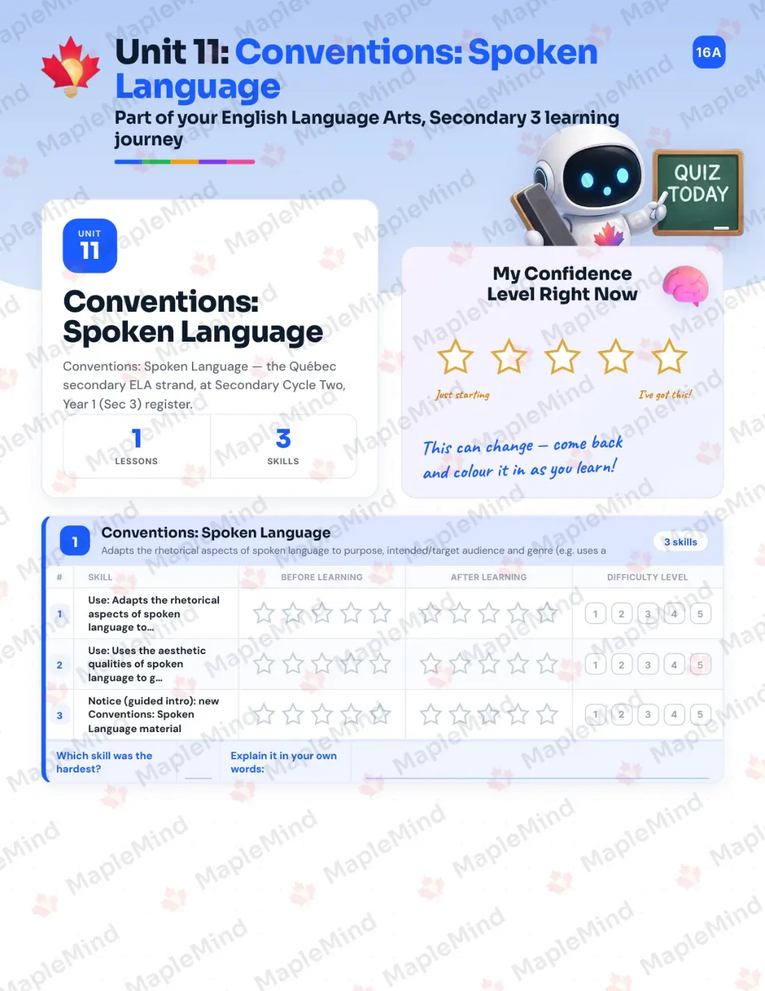 Page 47 of 68 from the English Language Arts, Secondary 3 Quebec Course Companion — skills tracker with before and after self-assessment