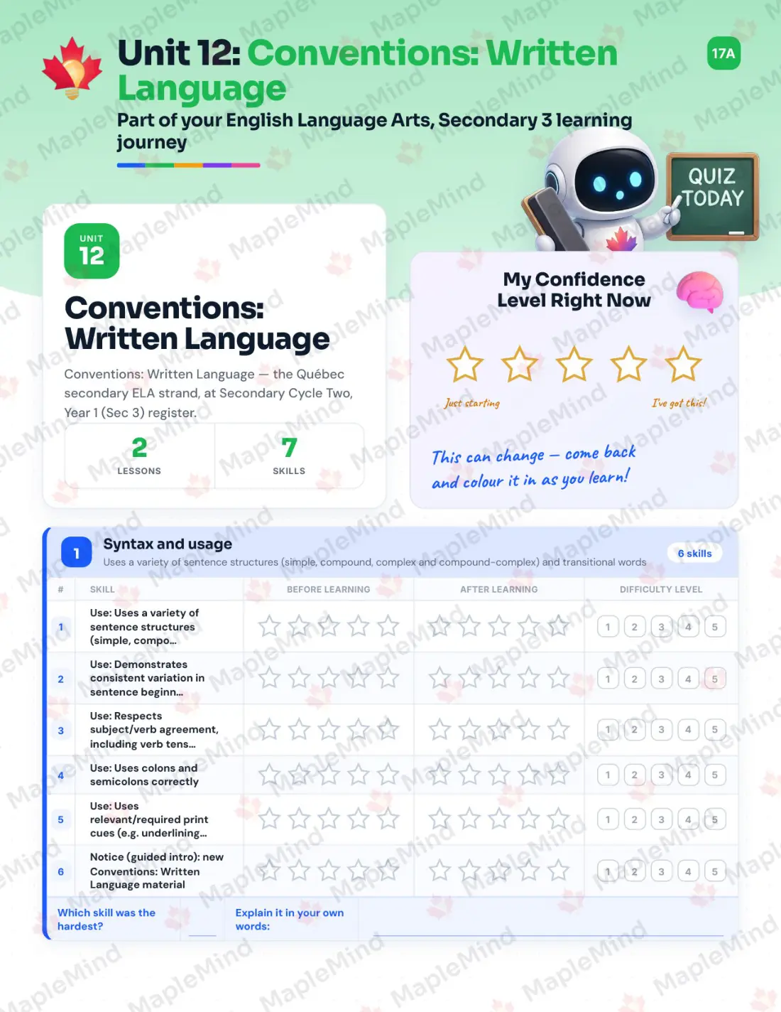 Page 50 of 68 from the English Language Arts, Secondary 3 Quebec Course Companion — skills tracker with before and after self-assessment