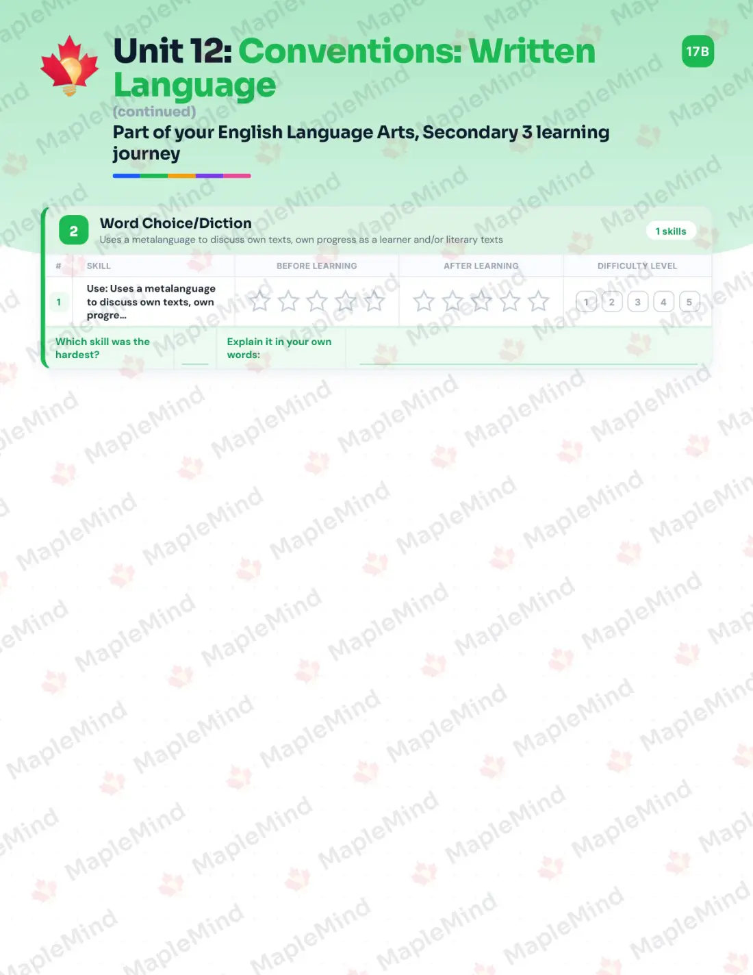 Page 51 of 68 from the English Language Arts, Secondary 3 Quebec Course Companion — skills tracker with before and after self-assessment