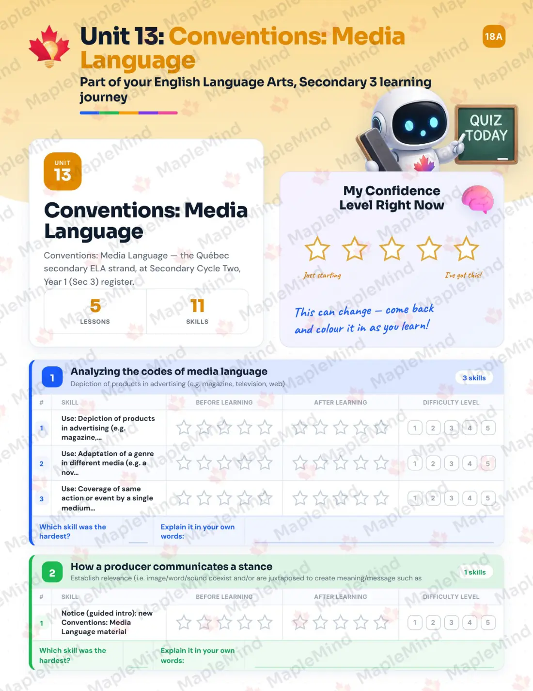 Page 54 of 68 from the English Language Arts, Secondary 3 Quebec Course Companion — skills tracker with before and after self-assessment
