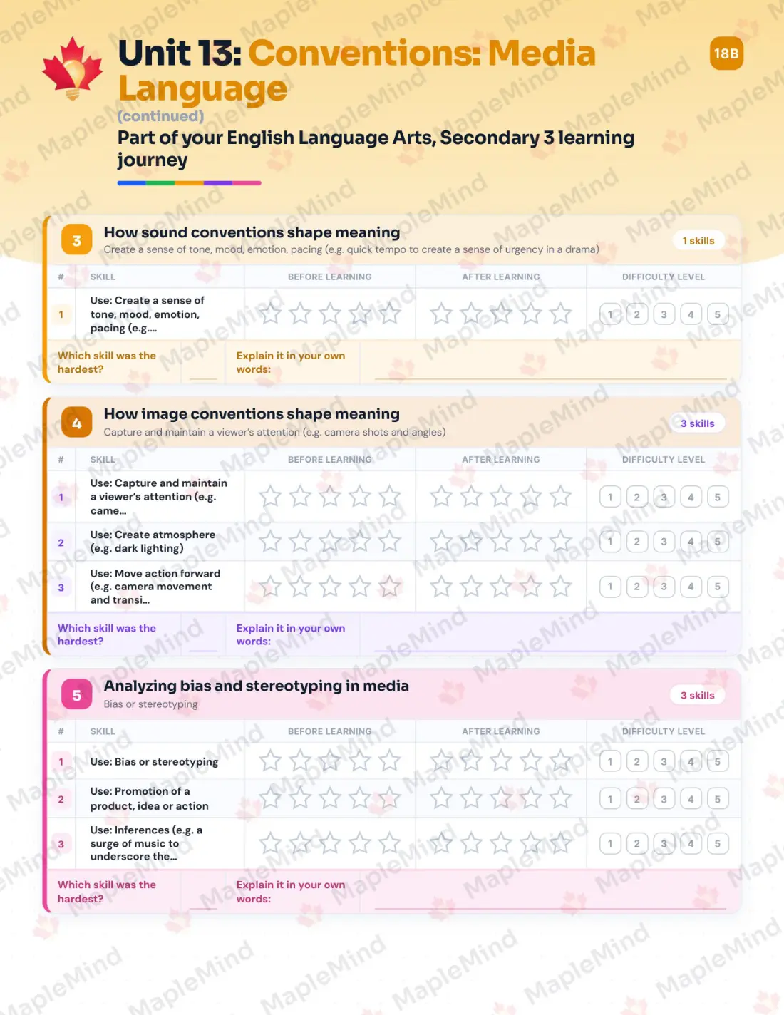 Page 55 of 68 from the English Language Arts, Secondary 3 Quebec Course Companion — skills tracker with before and after self-assessment