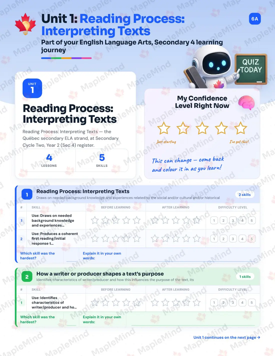 Page 8 of 64 from the English Language Arts, Secondary 4 Quebec Course Companion — skills tracker with before and after self-assessment