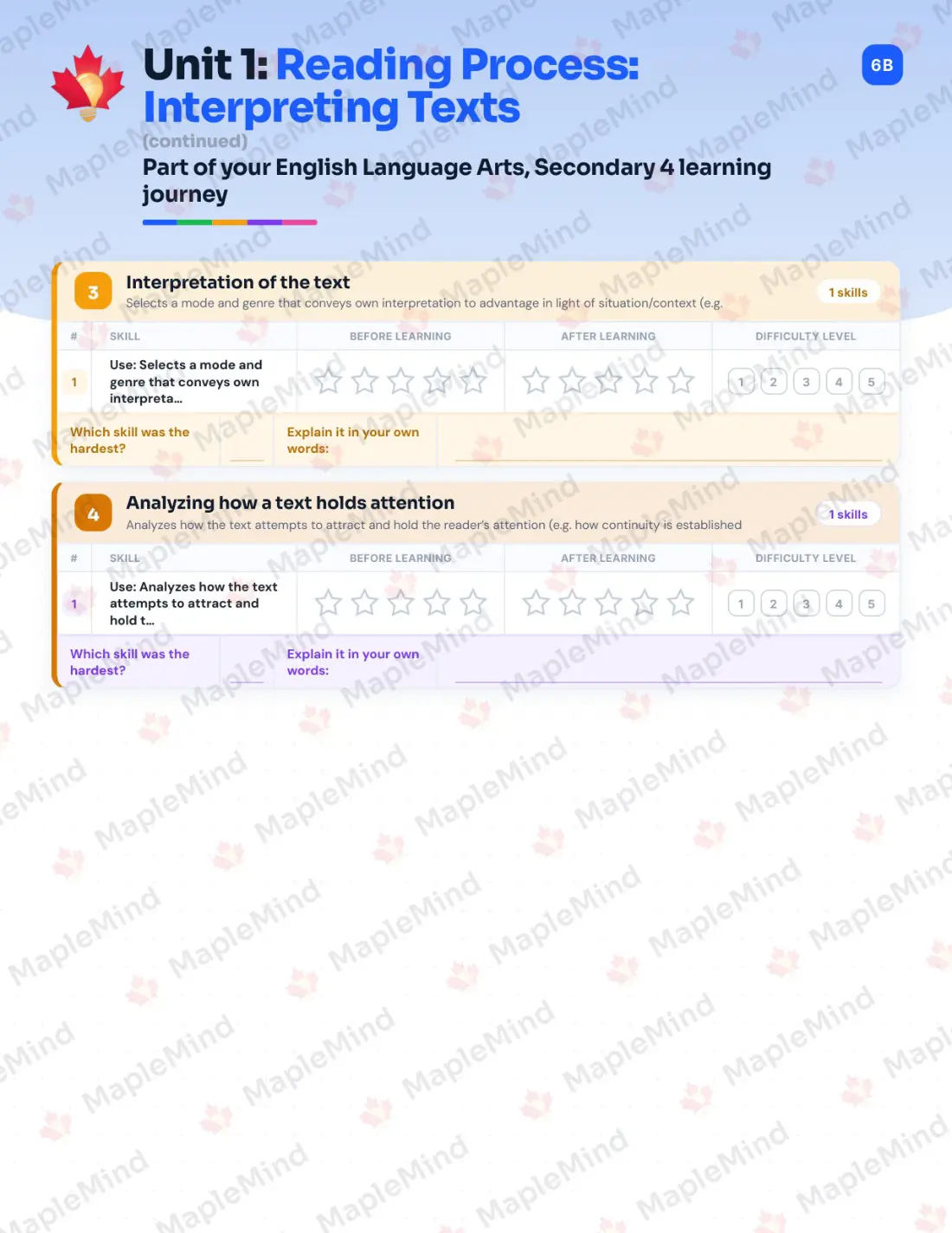 Page 9 of 64 from the English Language Arts, Secondary 4 Quebec Course Companion — skills tracker with before and after self-assessment