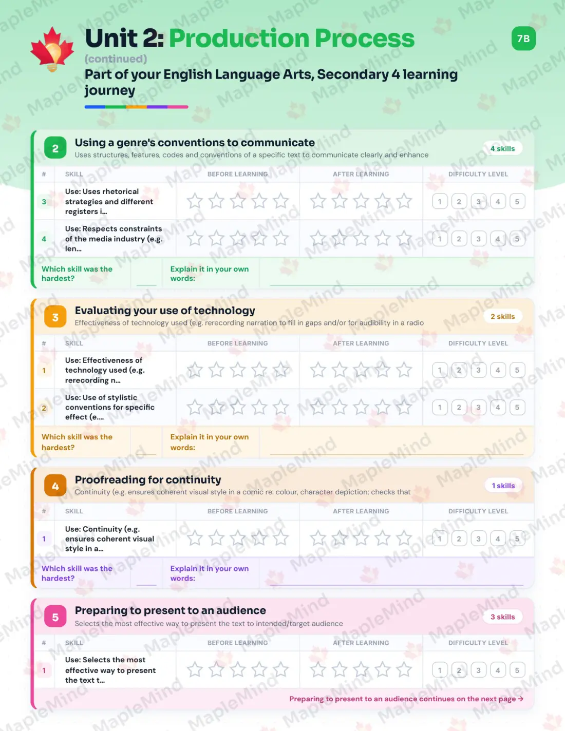 Page 13 of 64 from the English Language Arts, Secondary 4 Quebec Course Companion — skills tracker with before and after self-assessment