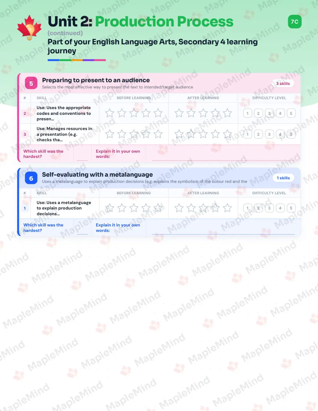 Page 14 of 64 from the English Language Arts, Secondary 4 Quebec Course Companion — skills tracker with before and after self-assessment