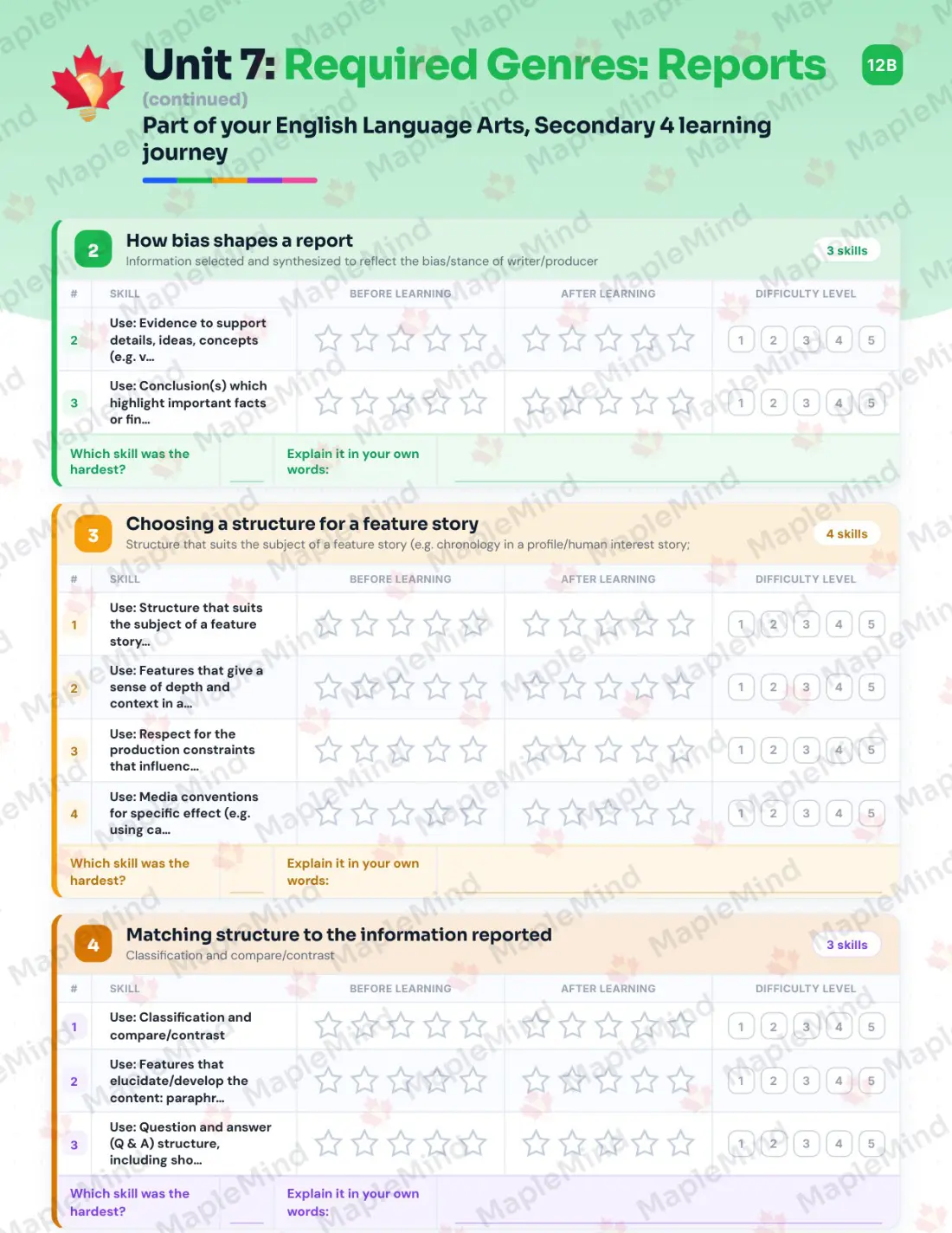 Page 32 of 64 from the English Language Arts, Secondary 4 Quebec Course Companion — skills tracker with before and after self-assessment