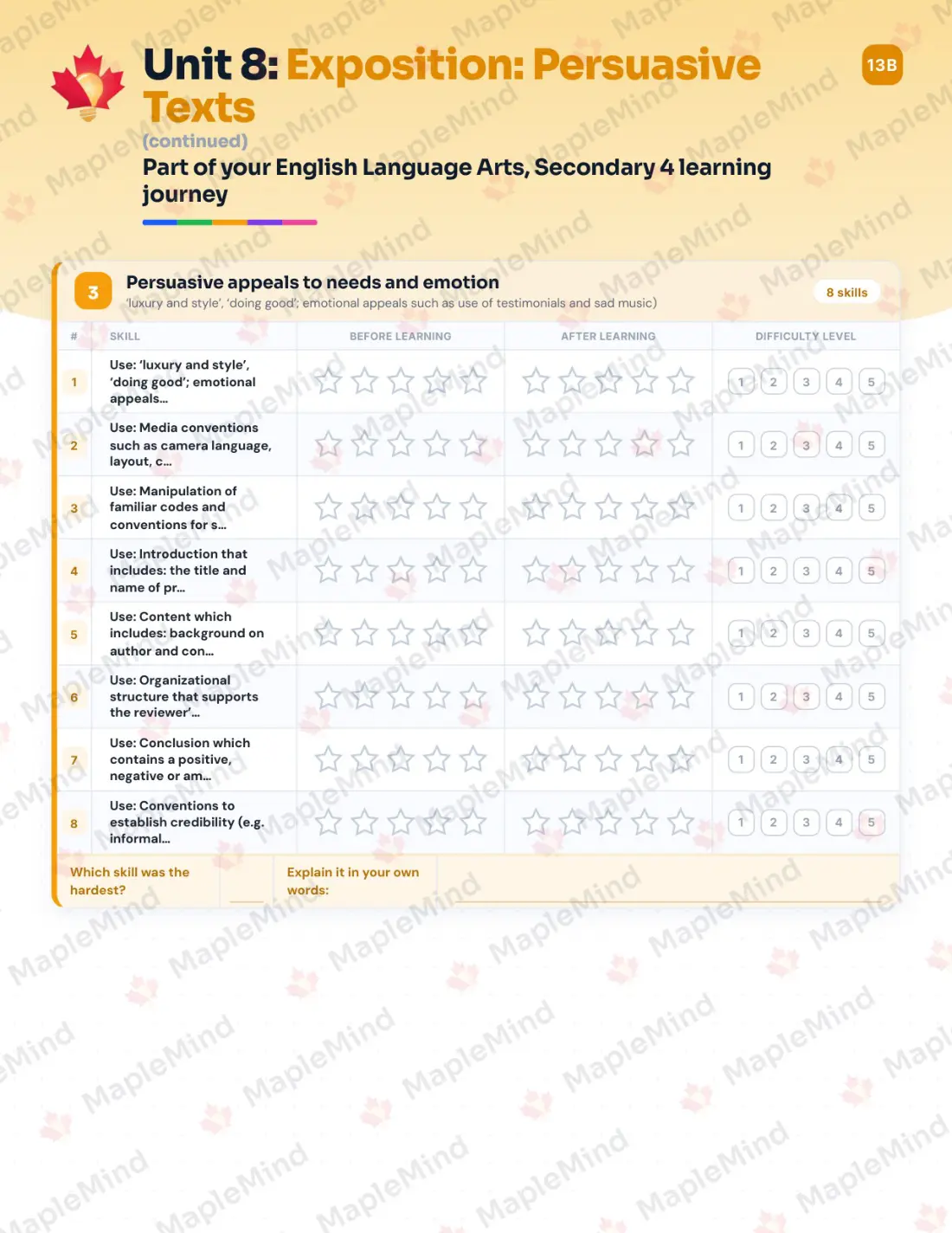 Page 36 of 64 from the English Language Arts, Secondary 4 Quebec Course Companion — skills tracker with before and after self-assessment