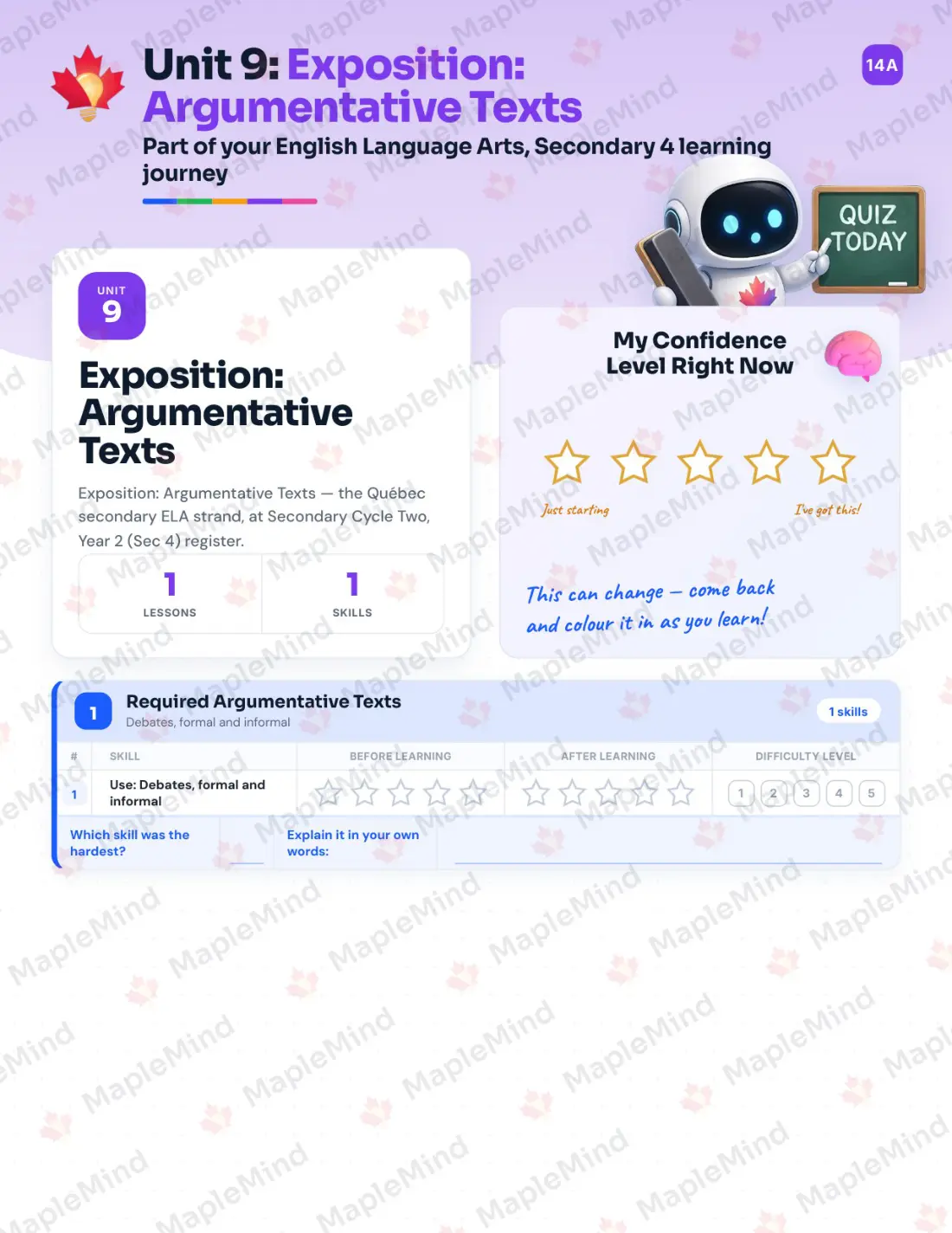 Page 39 of 64 from the English Language Arts, Secondary 4 Quebec Course Companion — skills tracker with before and after self-assessment