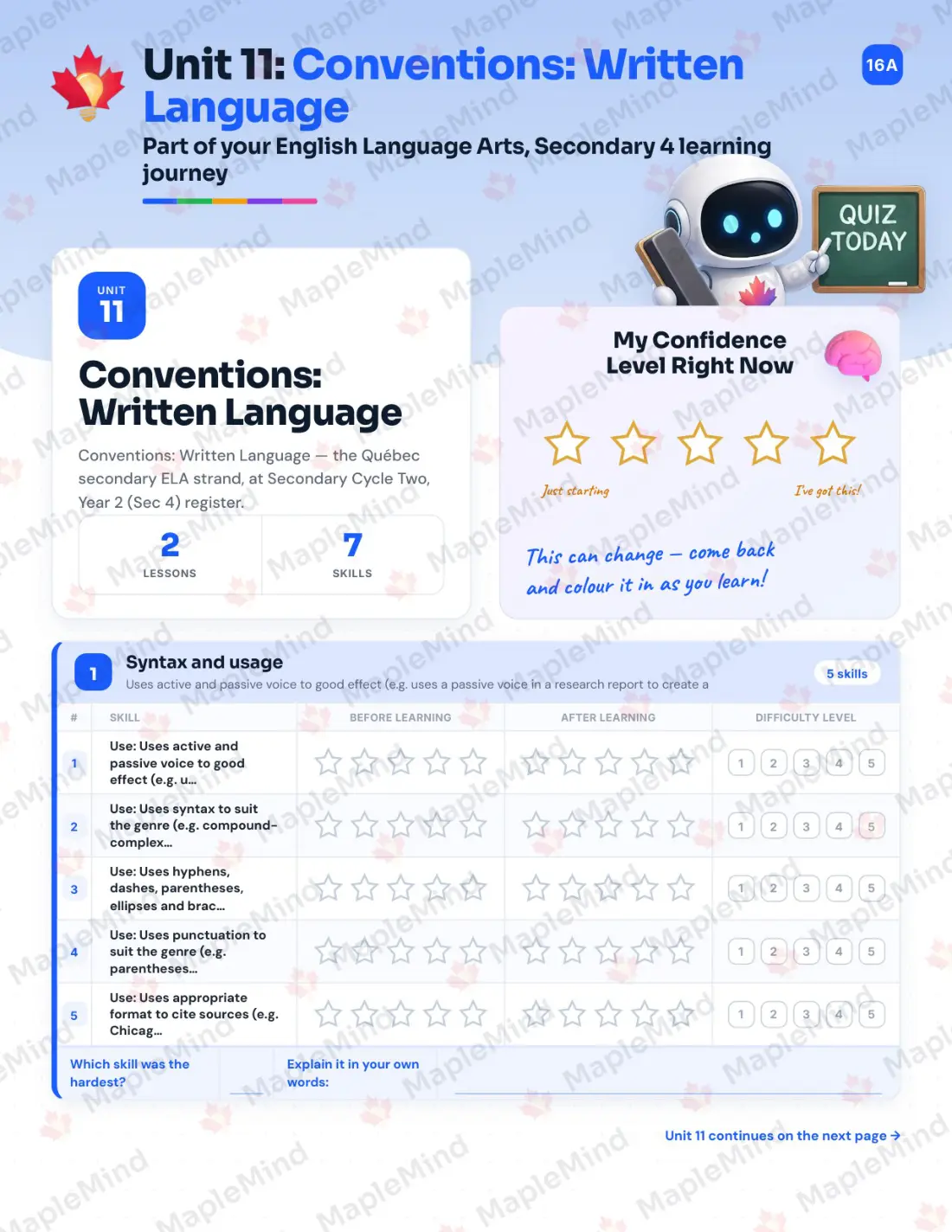Page 45 of 64 from the English Language Arts, Secondary 4 Quebec Course Companion — skills tracker with before and after self-assessment