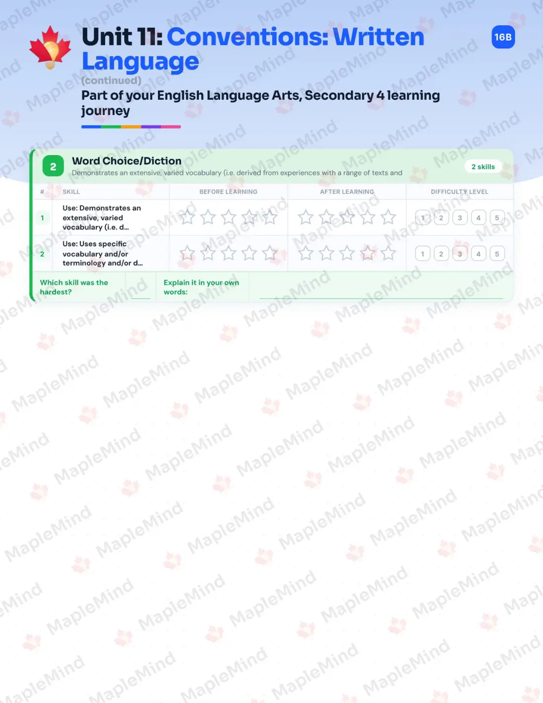 Page 46 of 64 from the English Language Arts, Secondary 4 Quebec Course Companion — skills tracker with before and after self-assessment