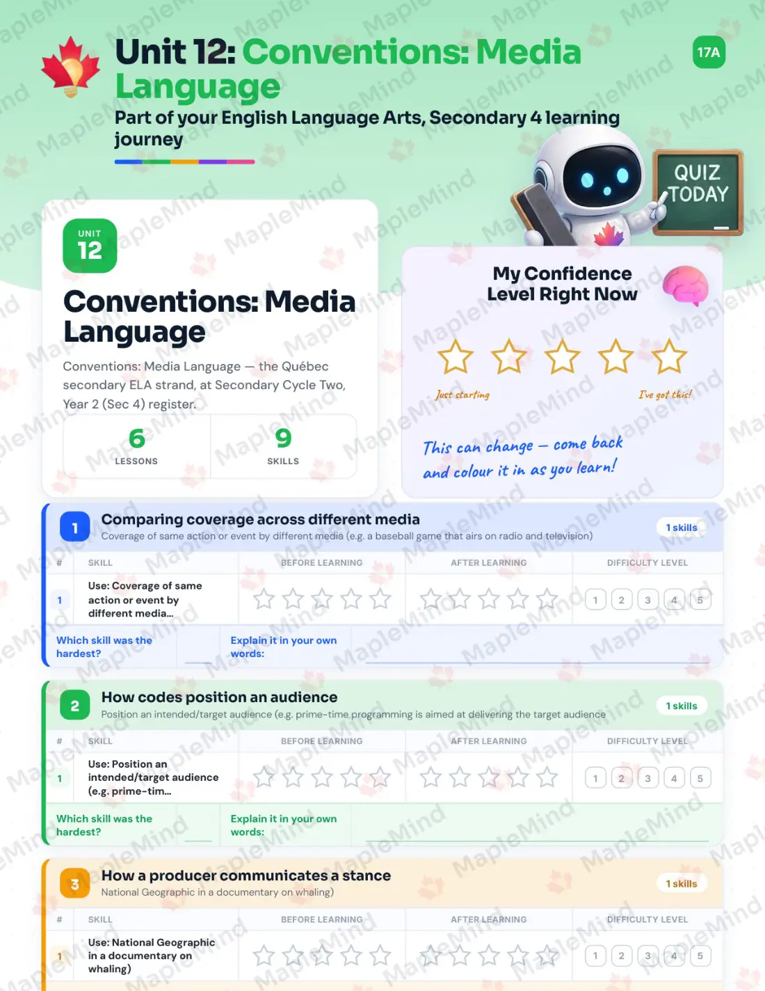 Page 49 of 64 from the English Language Arts, Secondary 4 Quebec Course Companion — skills tracker with before and after self-assessment