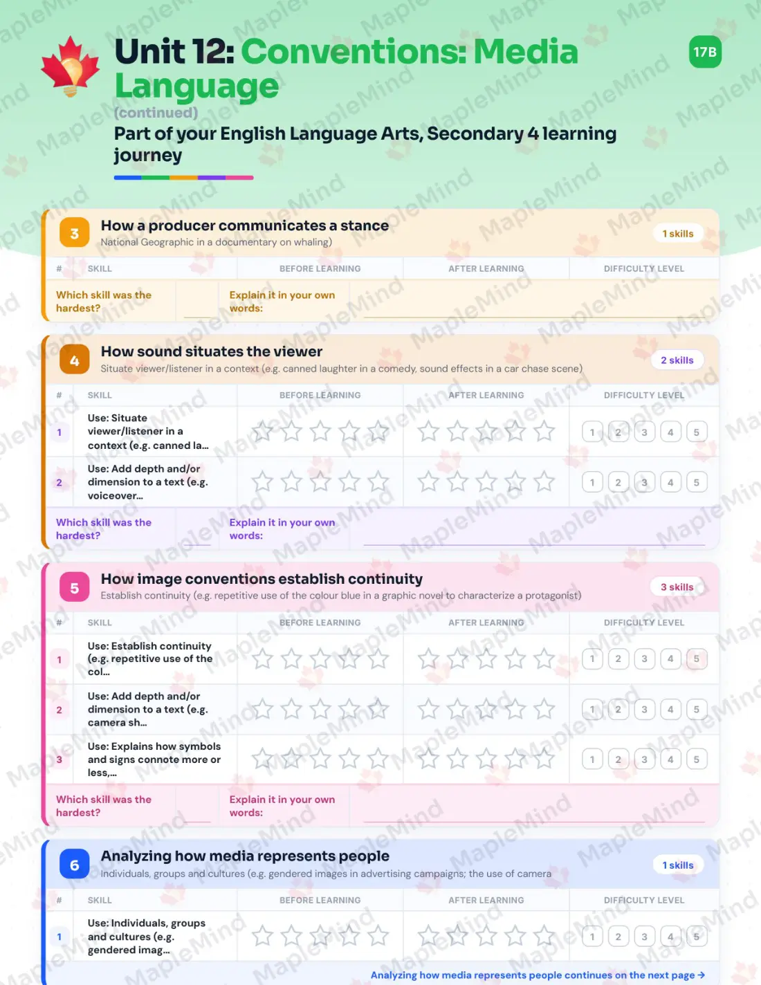 Page 50 of 64 from the English Language Arts, Secondary 4 Quebec Course Companion — skills tracker with before and after self-assessment
