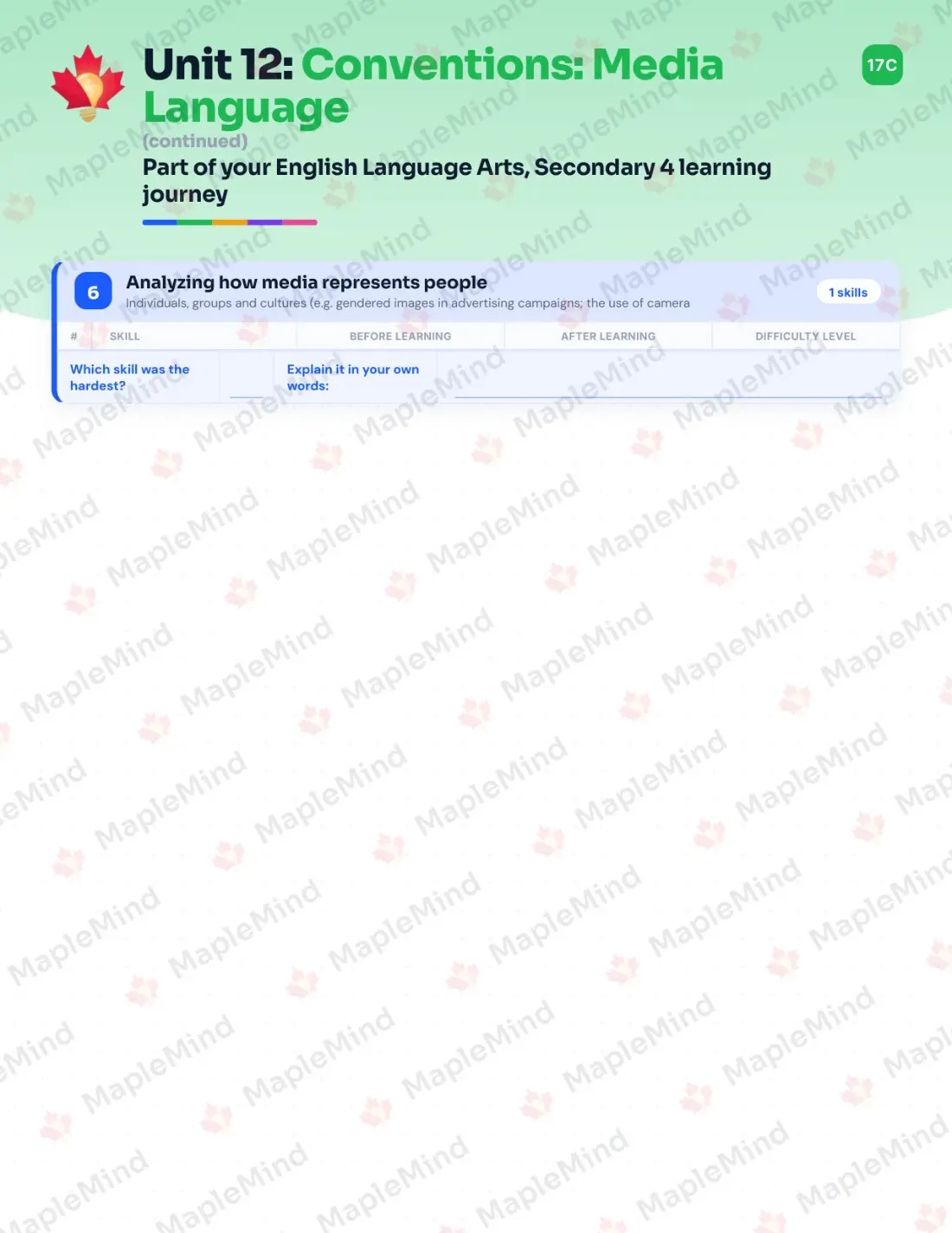 Page 51 of 64 from the English Language Arts, Secondary 4 Quebec Course Companion — skills tracker with before and after self-assessment