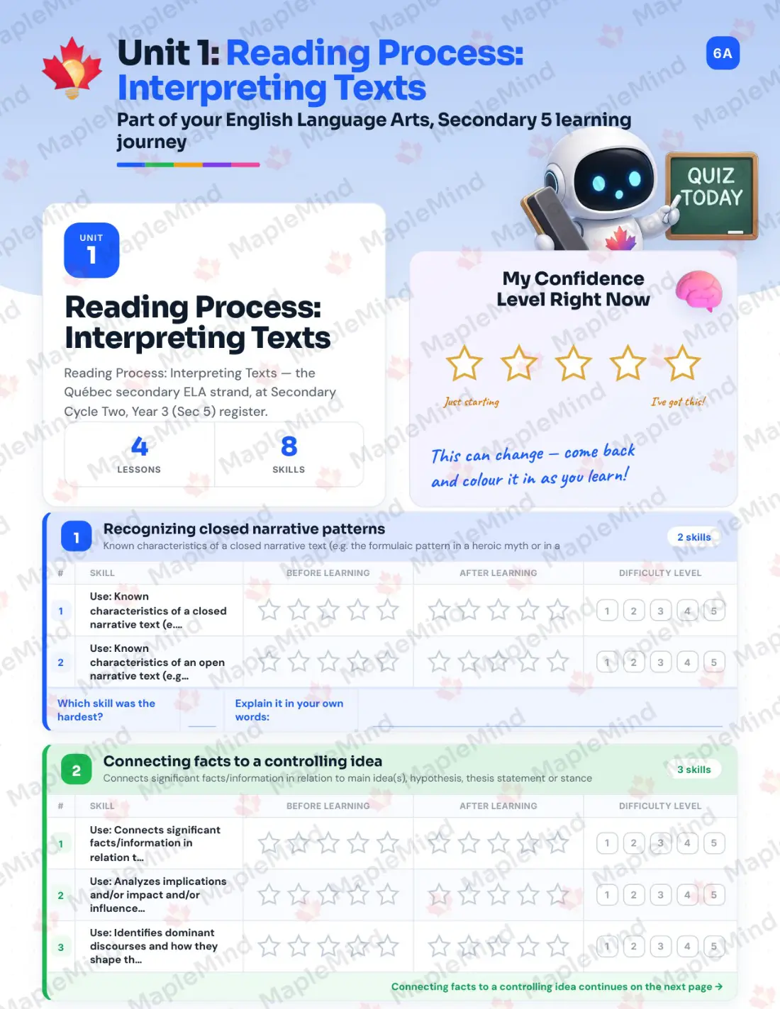 Page 7 of 46 from the English Language Arts, Secondary 5 Quebec Course Companion — skills tracker with before and after self-assessment
