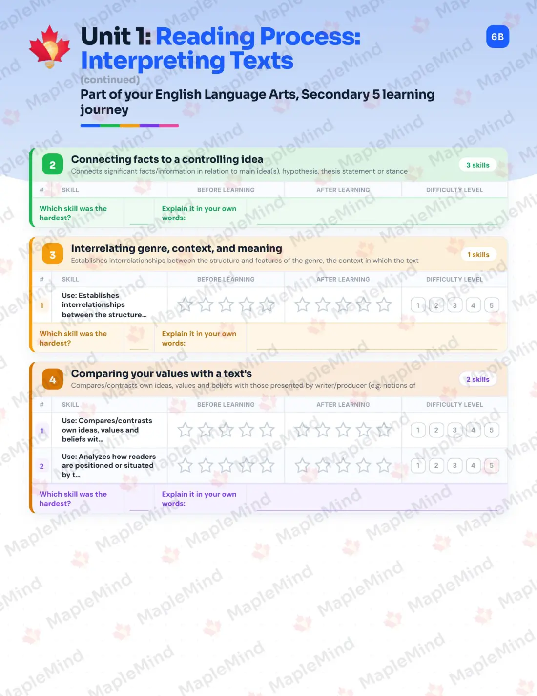 Page 8 of 46 from the English Language Arts, Secondary 5 Quebec Course Companion — skills tracker with before and after self-assessment
