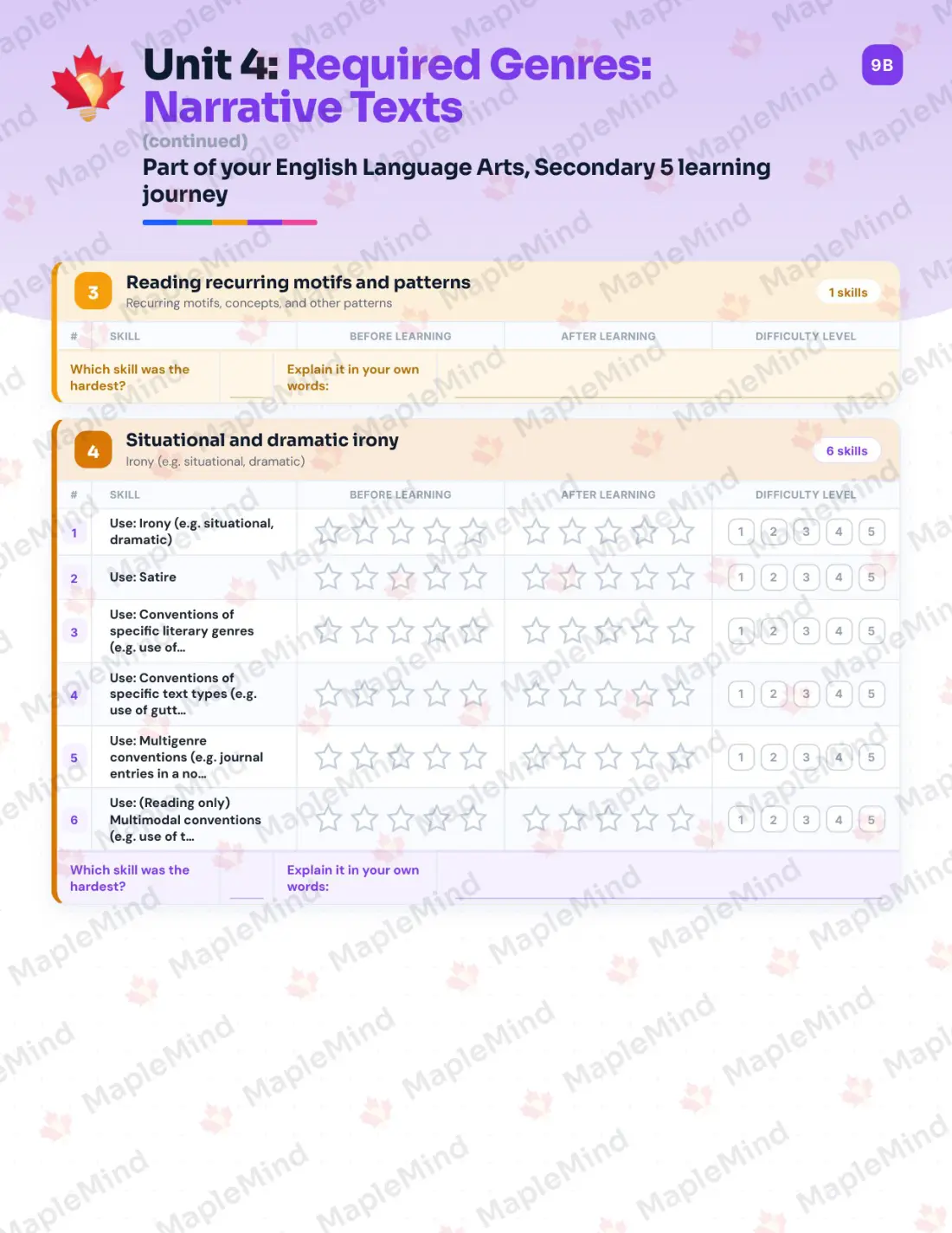 Page 19 of 46 from the English Language Arts, Secondary 5 Quebec Course Companion — skills tracker with before and after self-assessment