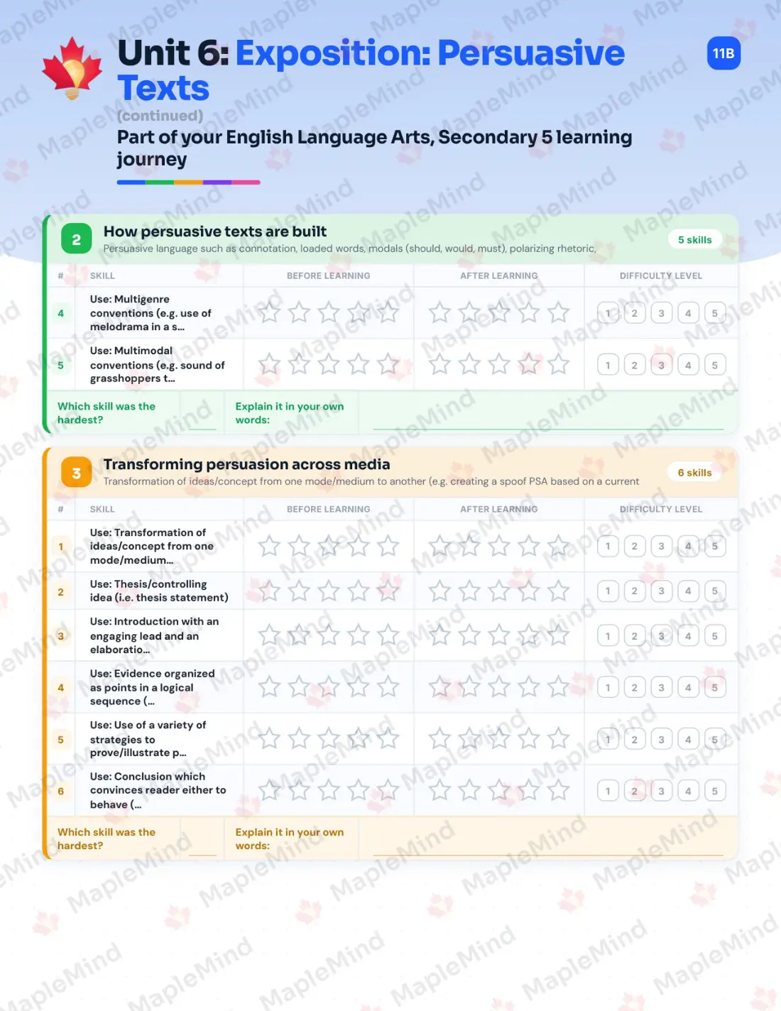 Page 26 of 46 from the English Language Arts, Secondary 5 Quebec Course Companion — skills tracker with before and after self-assessment