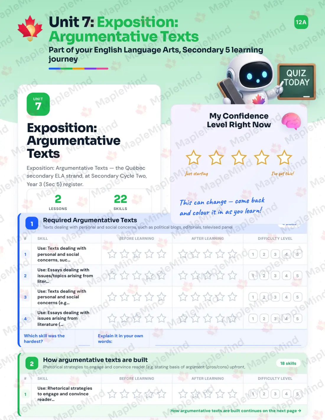 Page 29 of 46 from the English Language Arts, Secondary 5 Quebec Course Companion — skills tracker with before and after self-assessment