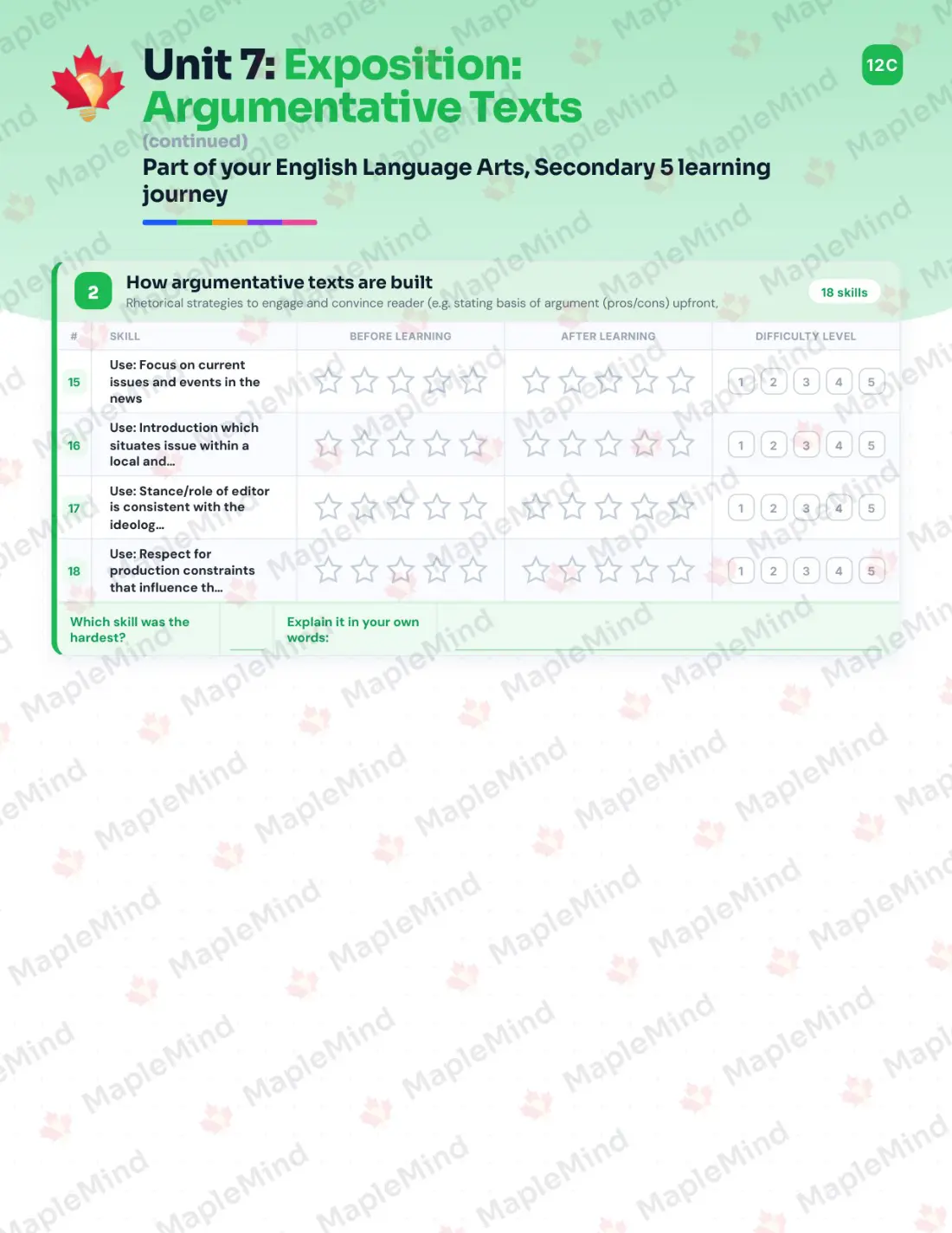 Page 31 of 46 from the English Language Arts, Secondary 5 Quebec Course Companion — skills tracker with before and after self-assessment