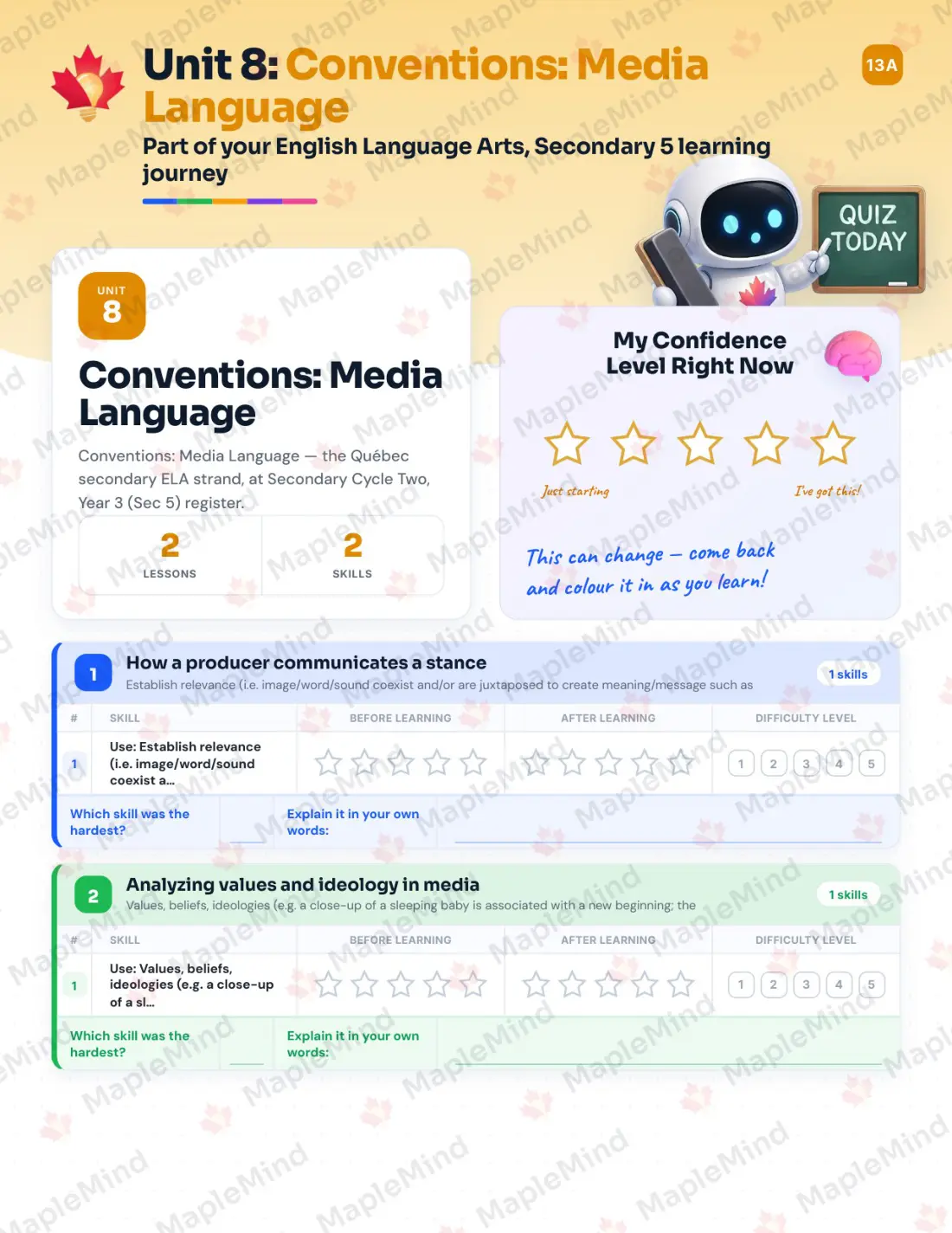 Page 34 of 46 from the English Language Arts, Secondary 5 Quebec Course Companion — skills tracker with before and after self-assessment