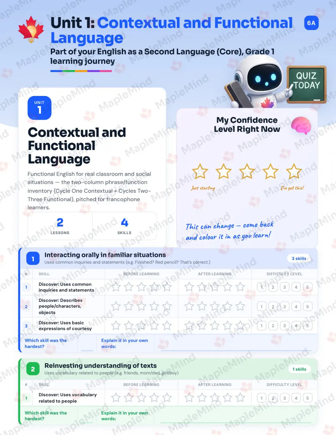 Page 6 of 28 from the English as a Second Language (Core), Grade 1 Quebec Course Companion — skills tracker with before and after self-assessment
