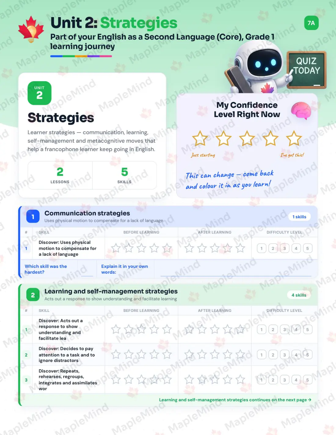 Page 9 of 28 from the English as a Second Language (Core), Grade 1 Quebec Course Companion — skills tracker with before and after self-assessment