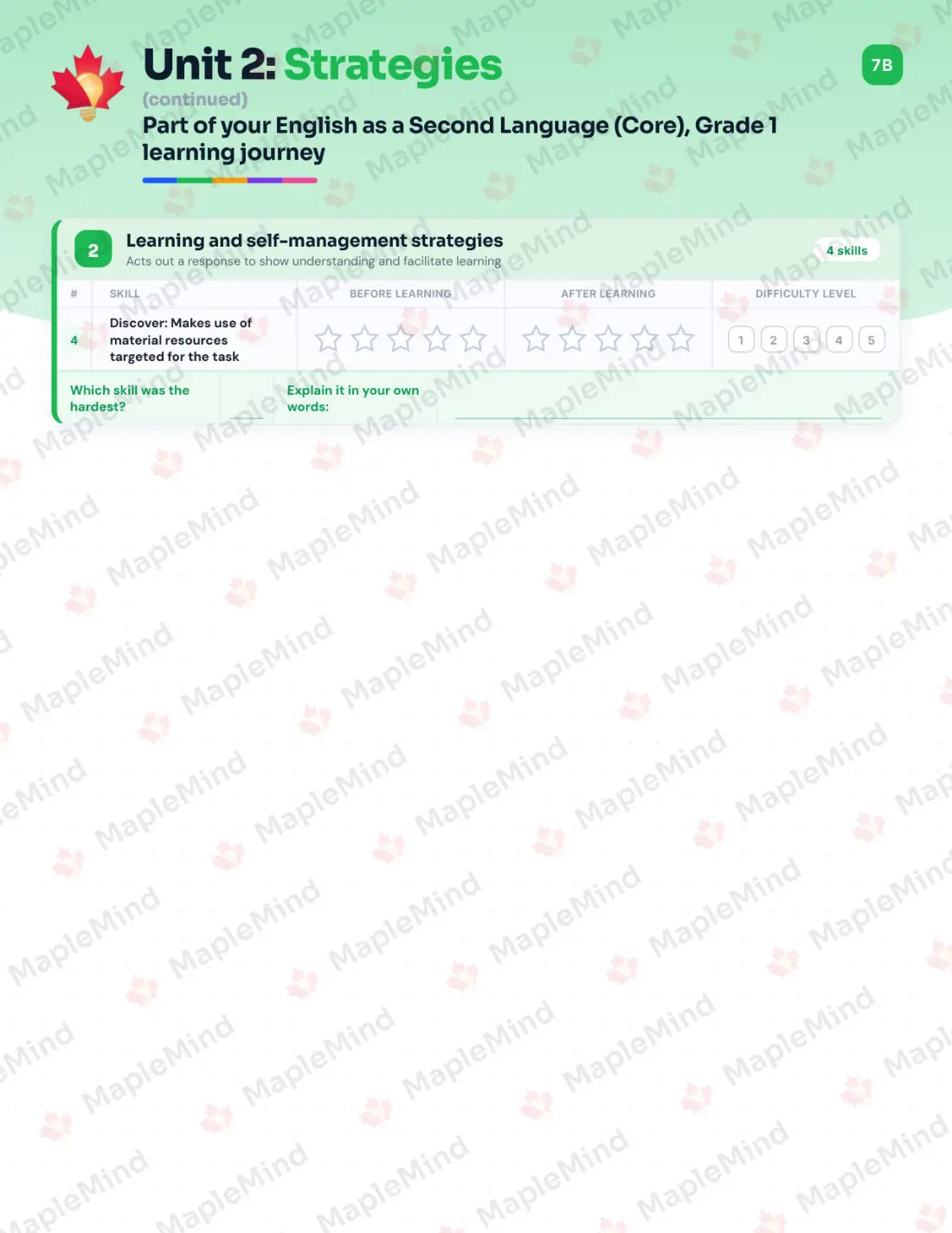 Page 10 of 28 from the English as a Second Language (Core), Grade 1 Quebec Course Companion — skills tracker with before and after self-assessment