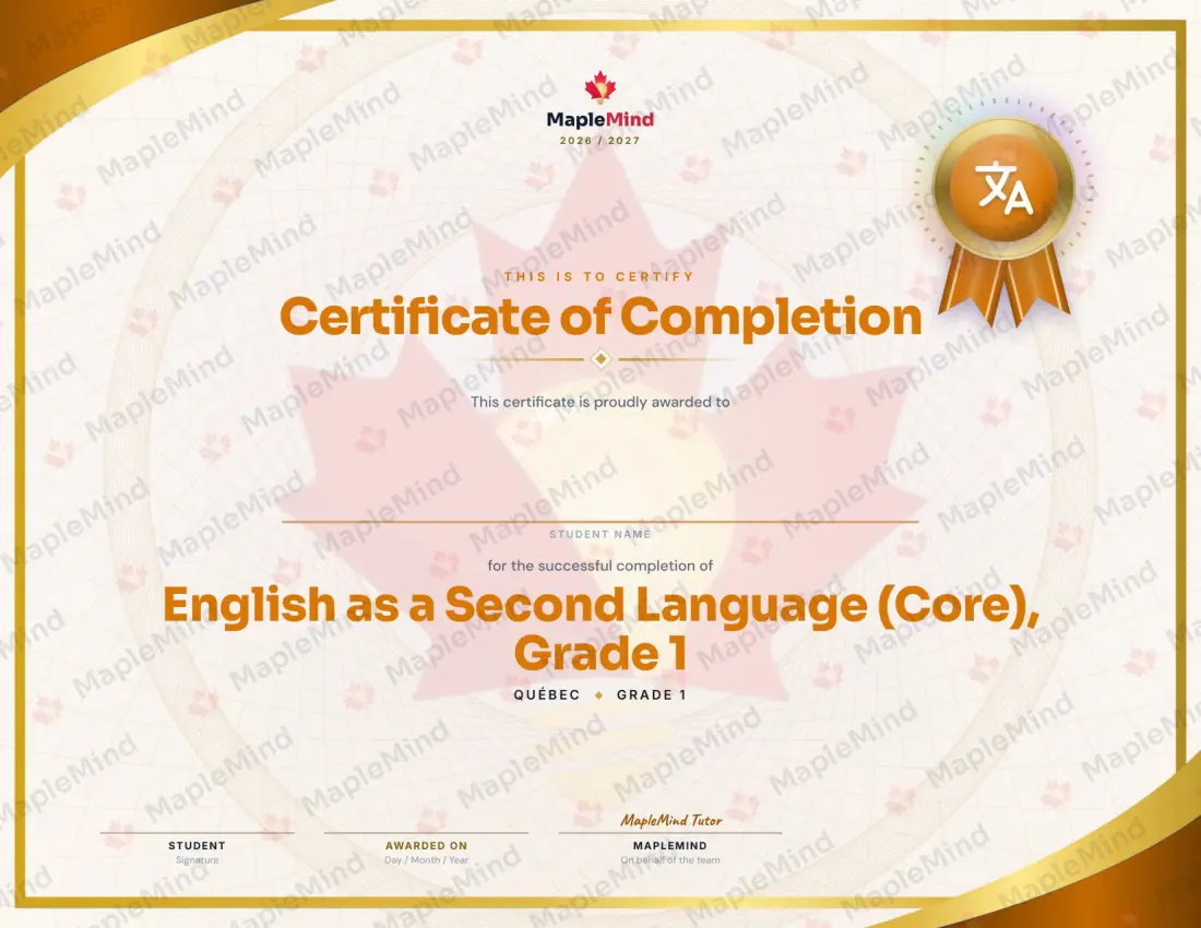 Page 28 of 28 from the English as a Second Language (Core), Grade 1 Quebec Course Companion — year in review and certificate of completion