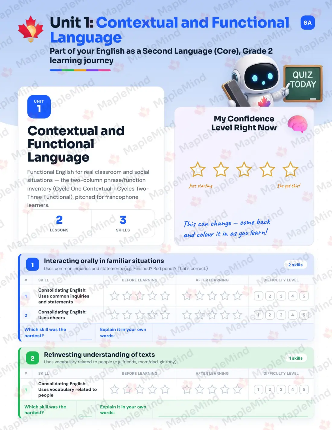 Page 6 of 27 from the English as a Second Language (Core), Grade 2 Quebec Course Companion — skills tracker with before and after self-assessment