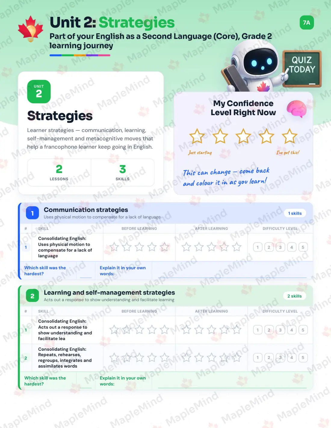Page 9 of 27 from the English as a Second Language (Core), Grade 2 Quebec Course Companion — skills tracker with before and after self-assessment