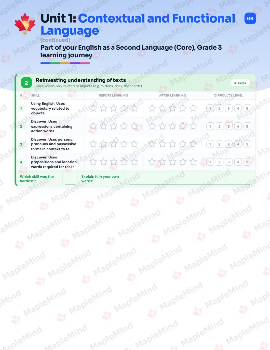 Page 7 of 32 from the English as a Second Language (Core), Grade 3 Quebec Course Companion — skills tracker with before and after self-assessment
