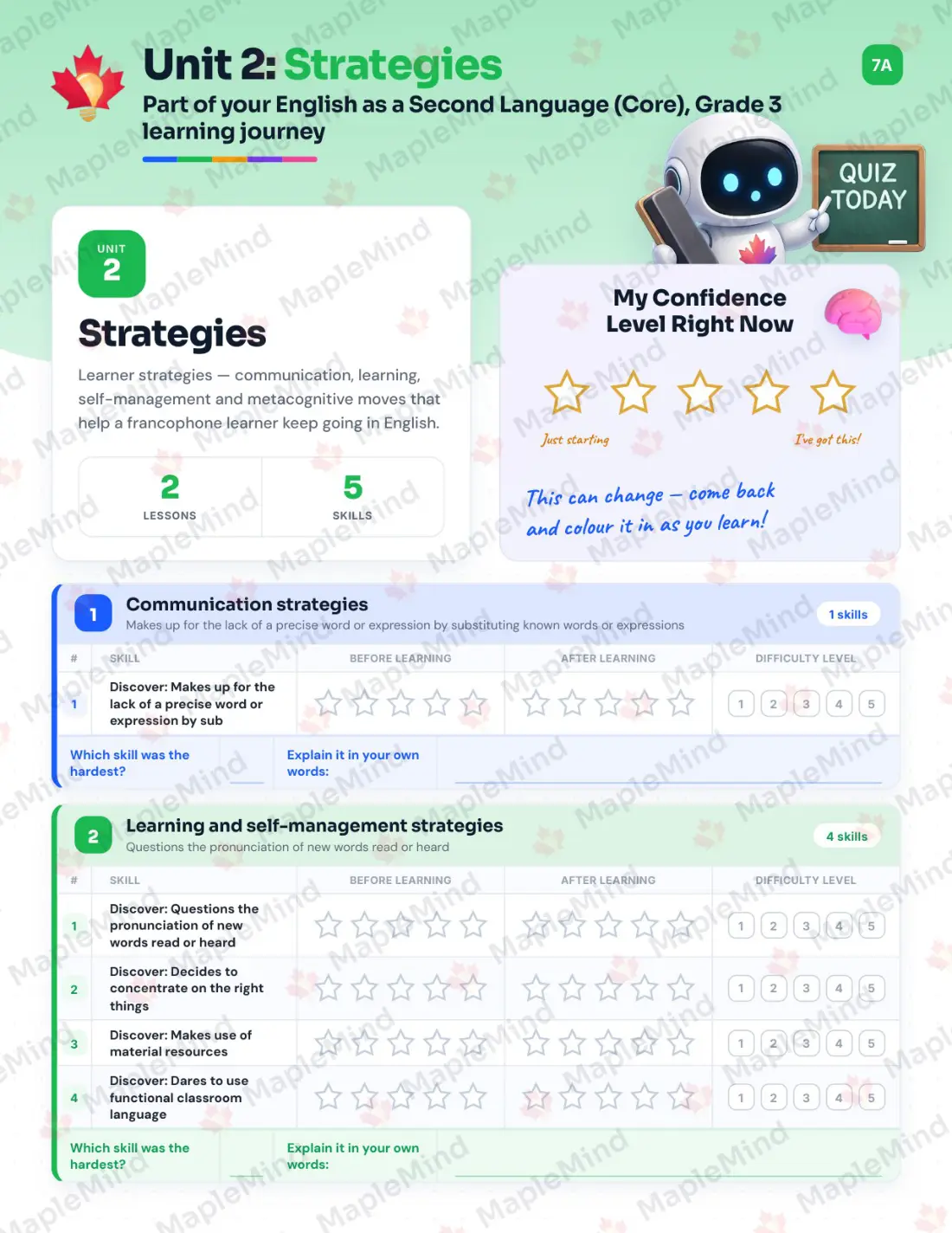 Page 10 of 32 from the English as a Second Language (Core), Grade 3 Quebec Course Companion — skills tracker with before and after self-assessment