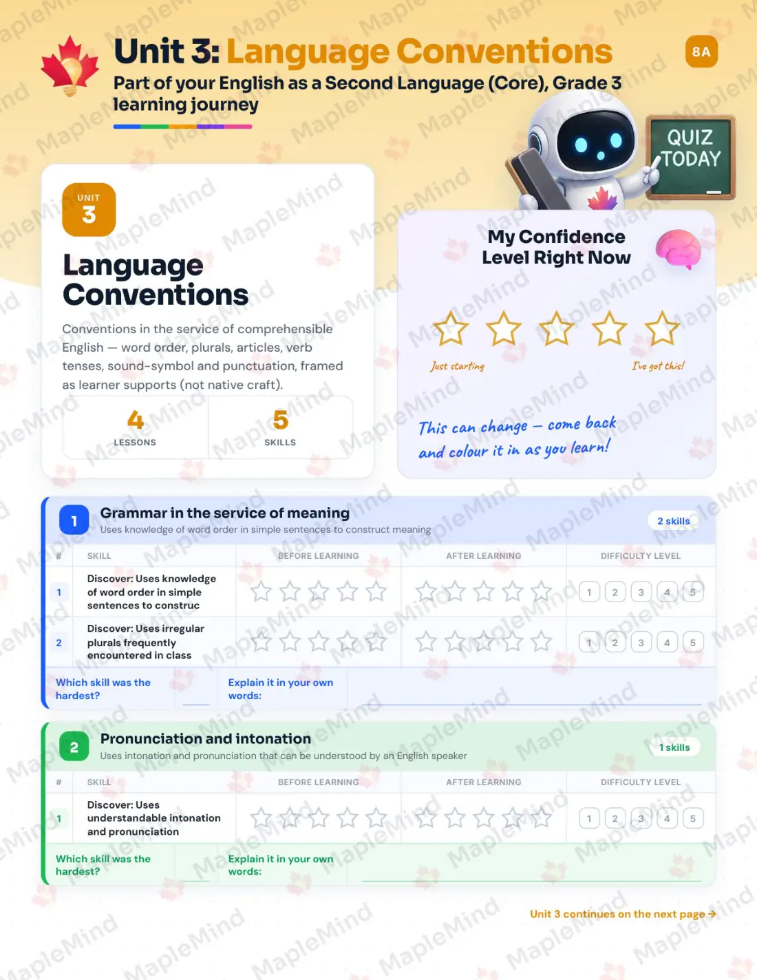 Page 13 of 32 from the English as a Second Language (Core), Grade 3 Quebec Course Companion — skills tracker with before and after self-assessment