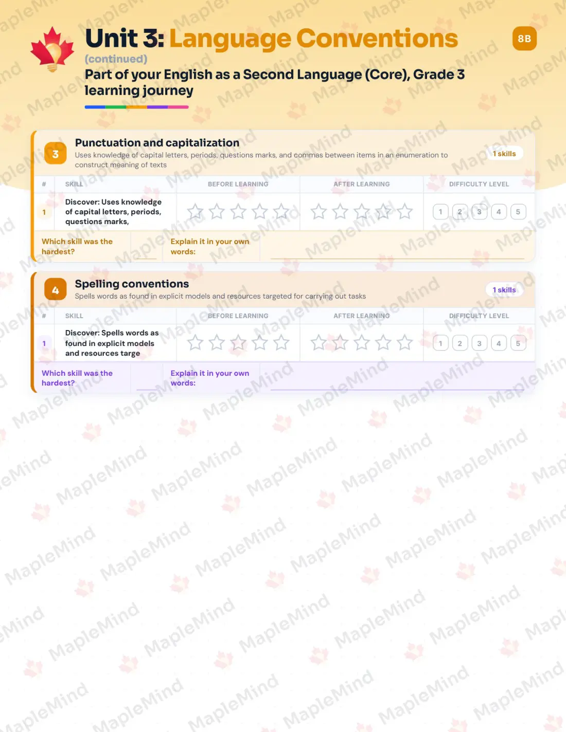 Page 14 of 32 from the English as a Second Language (Core), Grade 3 Quebec Course Companion — skills tracker with before and after self-assessment