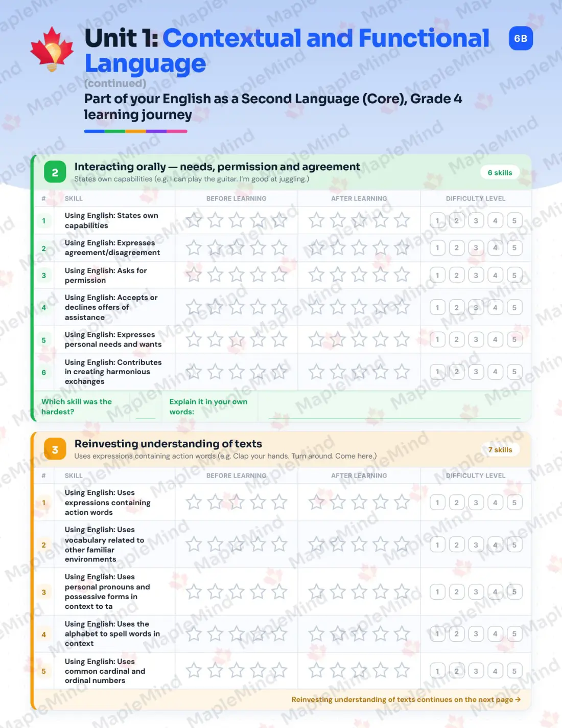 Page 7 of 30 from the English as a Second Language (Core), Grade 4 Quebec Course Companion — skills tracker with before and after self-assessment