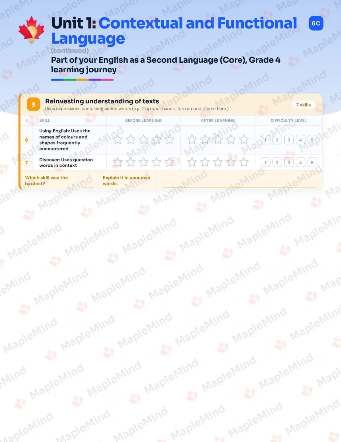 Page 8 of 30 from the English as a Second Language (Core), Grade 4 Quebec Course Companion — skills tracker with before and after self-assessment