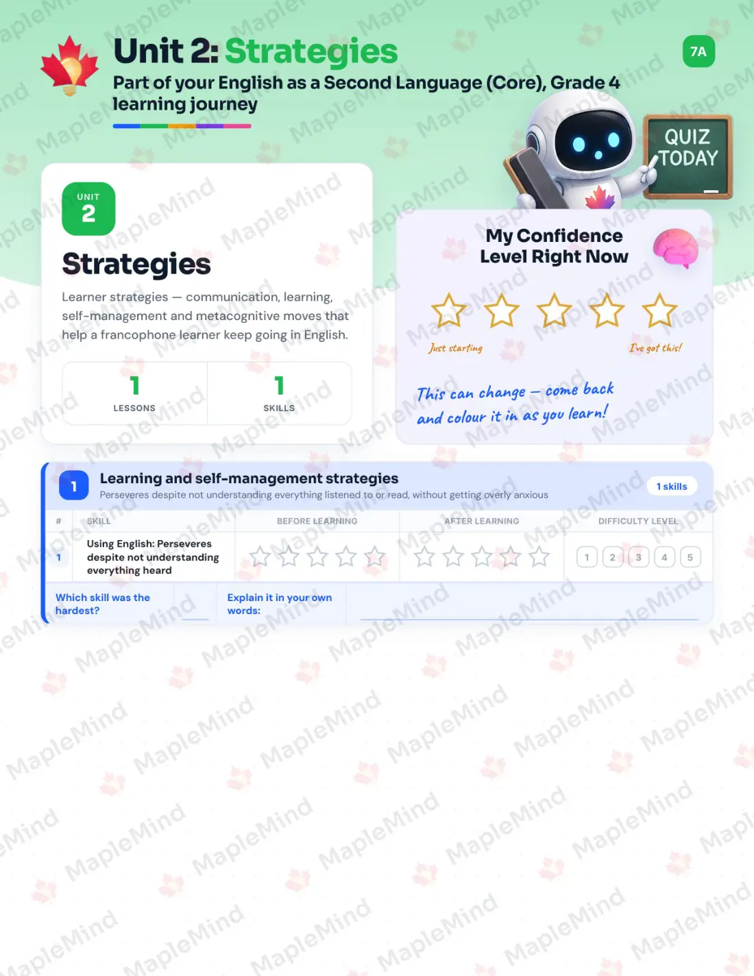 Page 11 of 30 from the English as a Second Language (Core), Grade 4 Quebec Course Companion — skills tracker with before and after self-assessment