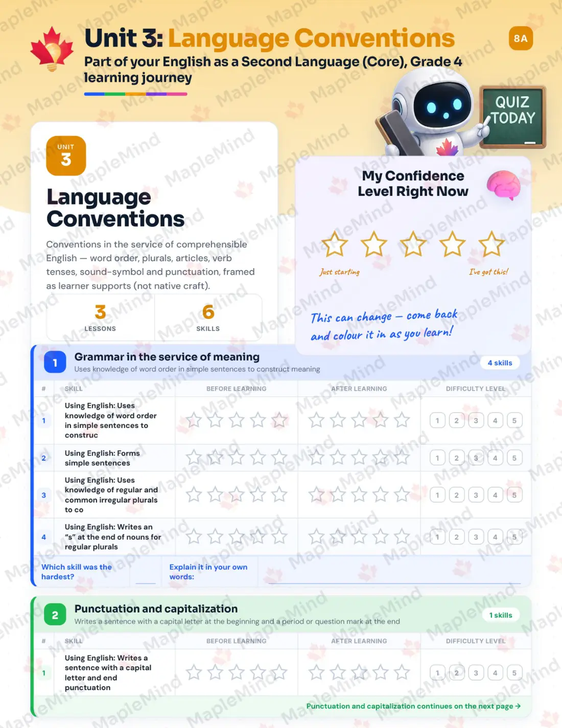 Page 14 of 30 from the English as a Second Language (Core), Grade 4 Quebec Course Companion — skills tracker with before and after self-assessment