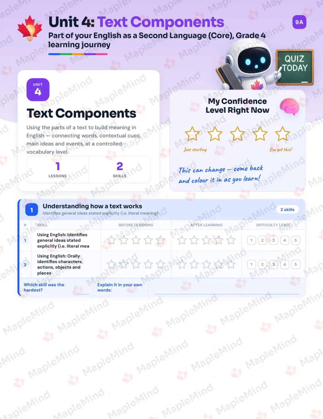 Page 18 of 30 from the English as a Second Language (Core), Grade 4 Quebec Course Companion — skills tracker with before and after self-assessment