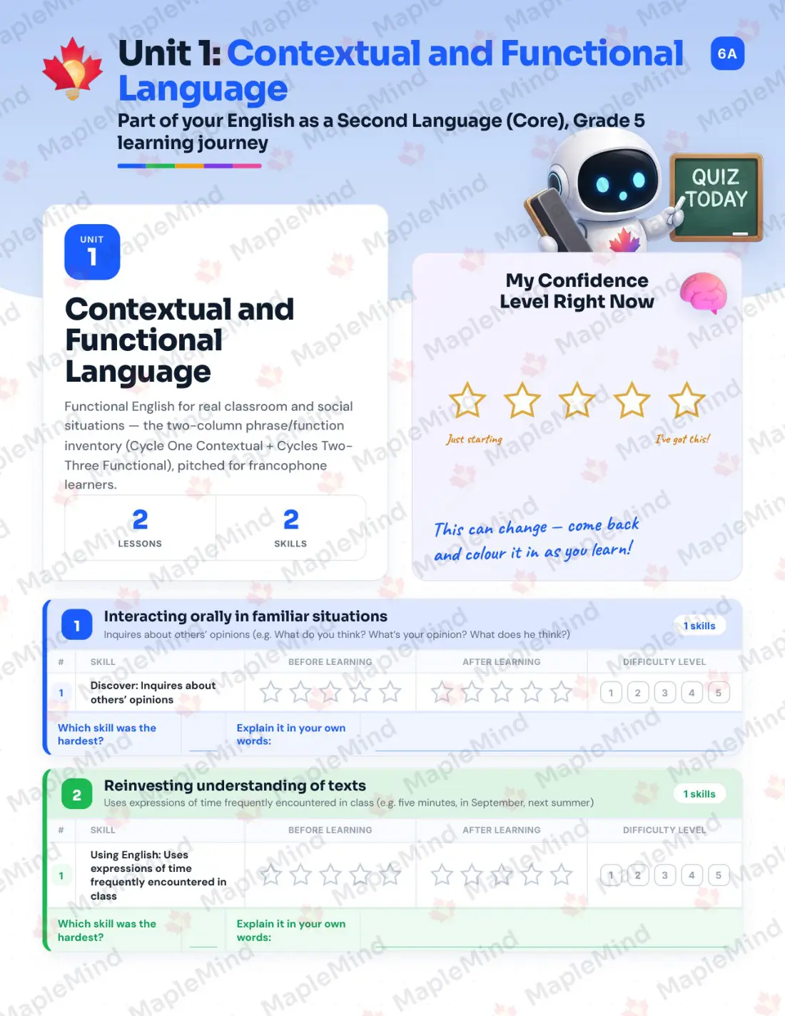 Page 6 of 23 from the English as a Second Language (Core), Grade 5 Quebec Course Companion — skills tracker with before and after self-assessment