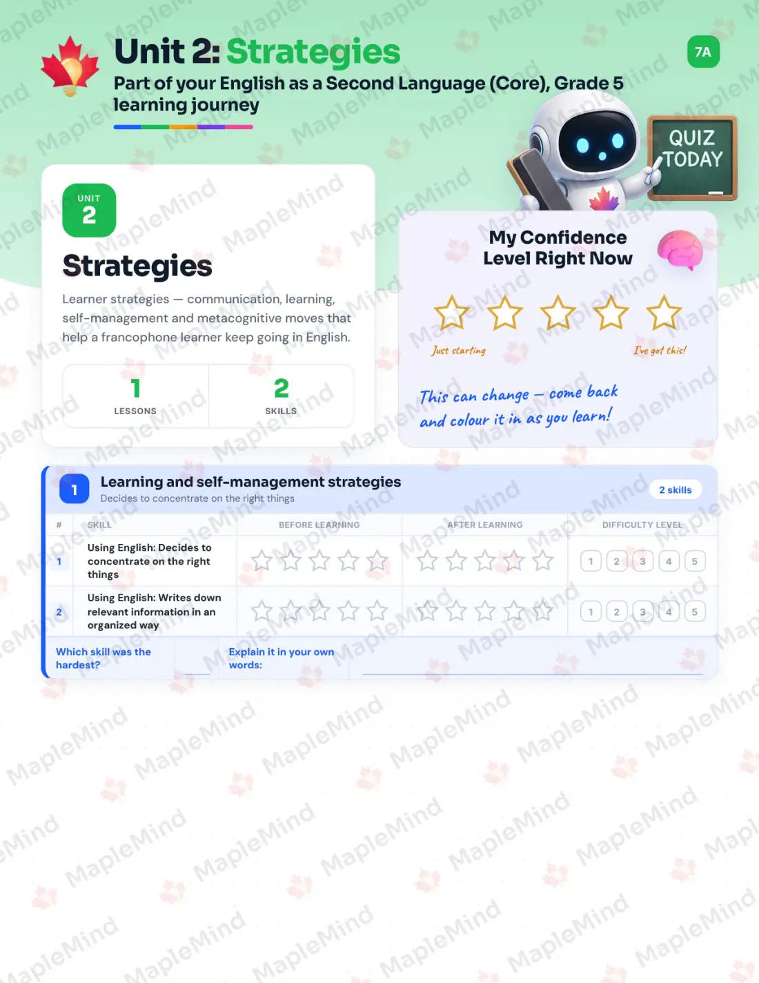 Page 9 of 23 from the English as a Second Language (Core), Grade 5 Quebec Course Companion — skills tracker with before and after self-assessment