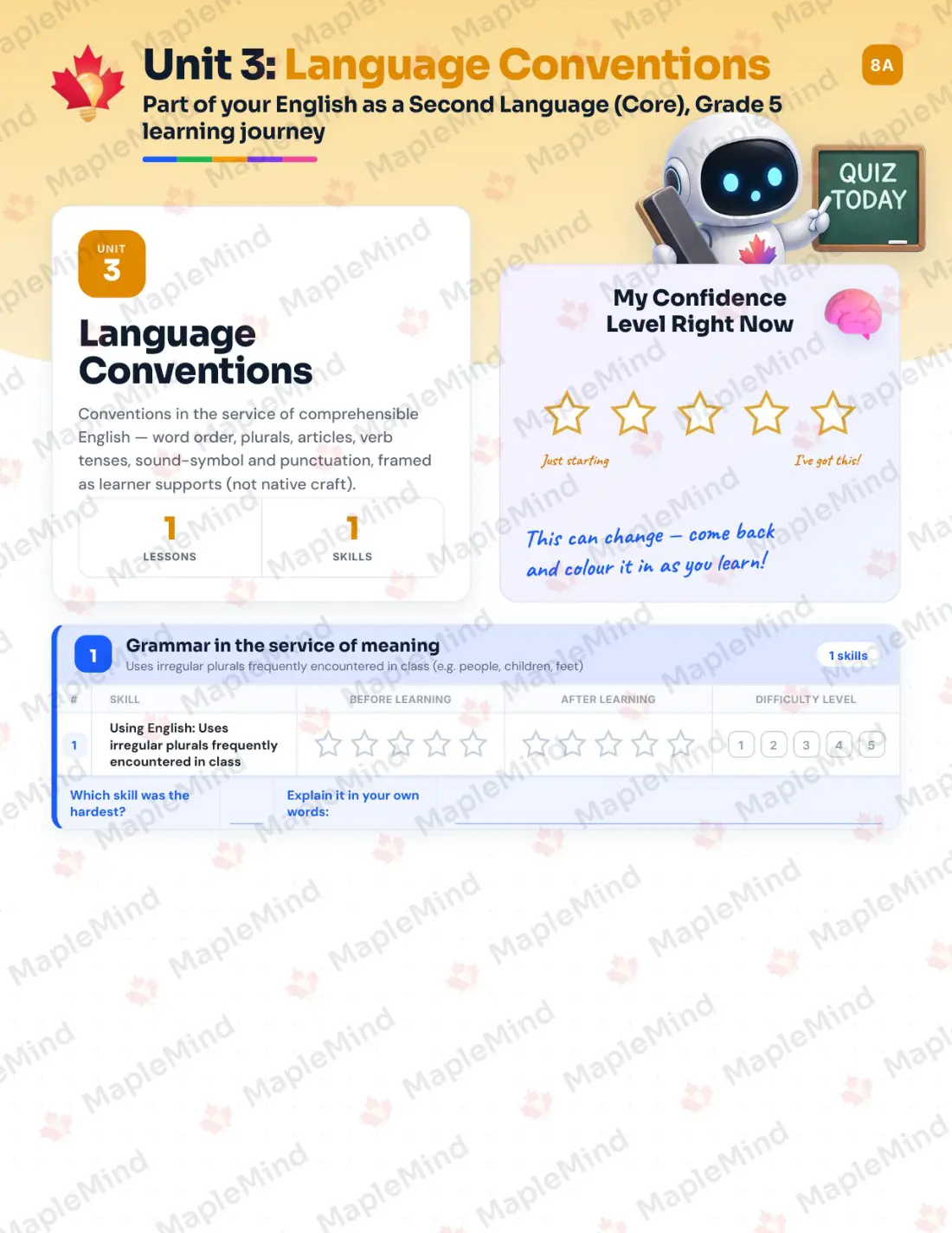 Page 12 of 23 from the English as a Second Language (Core), Grade 5 Quebec Course Companion — skills tracker with before and after self-assessment