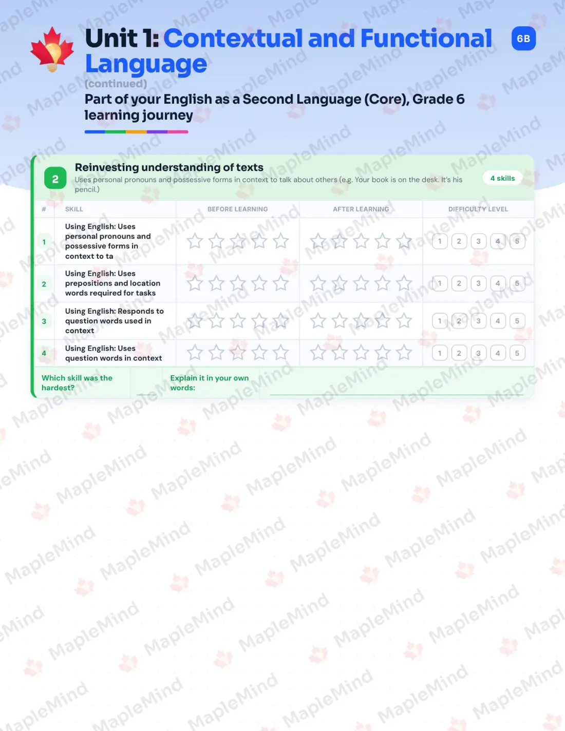 Page 7 of 31 from the English as a Second Language (Core), Grade 6 Quebec Course Companion — skills tracker with before and after self-assessment