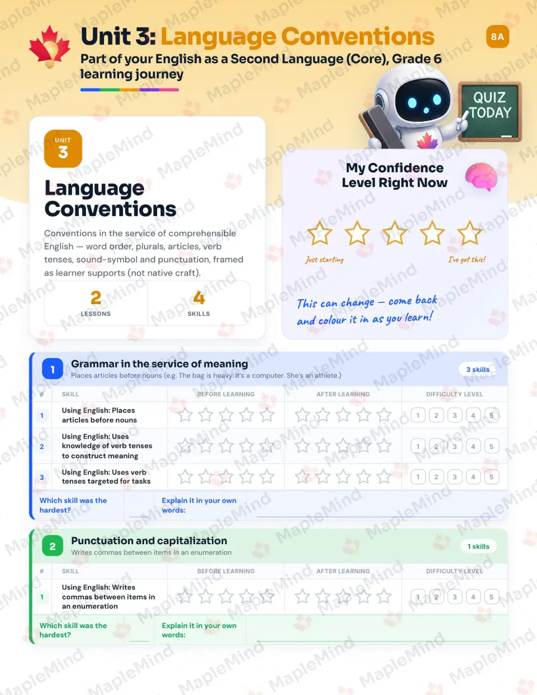 Page 13 of 31 from the English as a Second Language (Core), Grade 6 Quebec Course Companion — skills tracker with before and after self-assessment