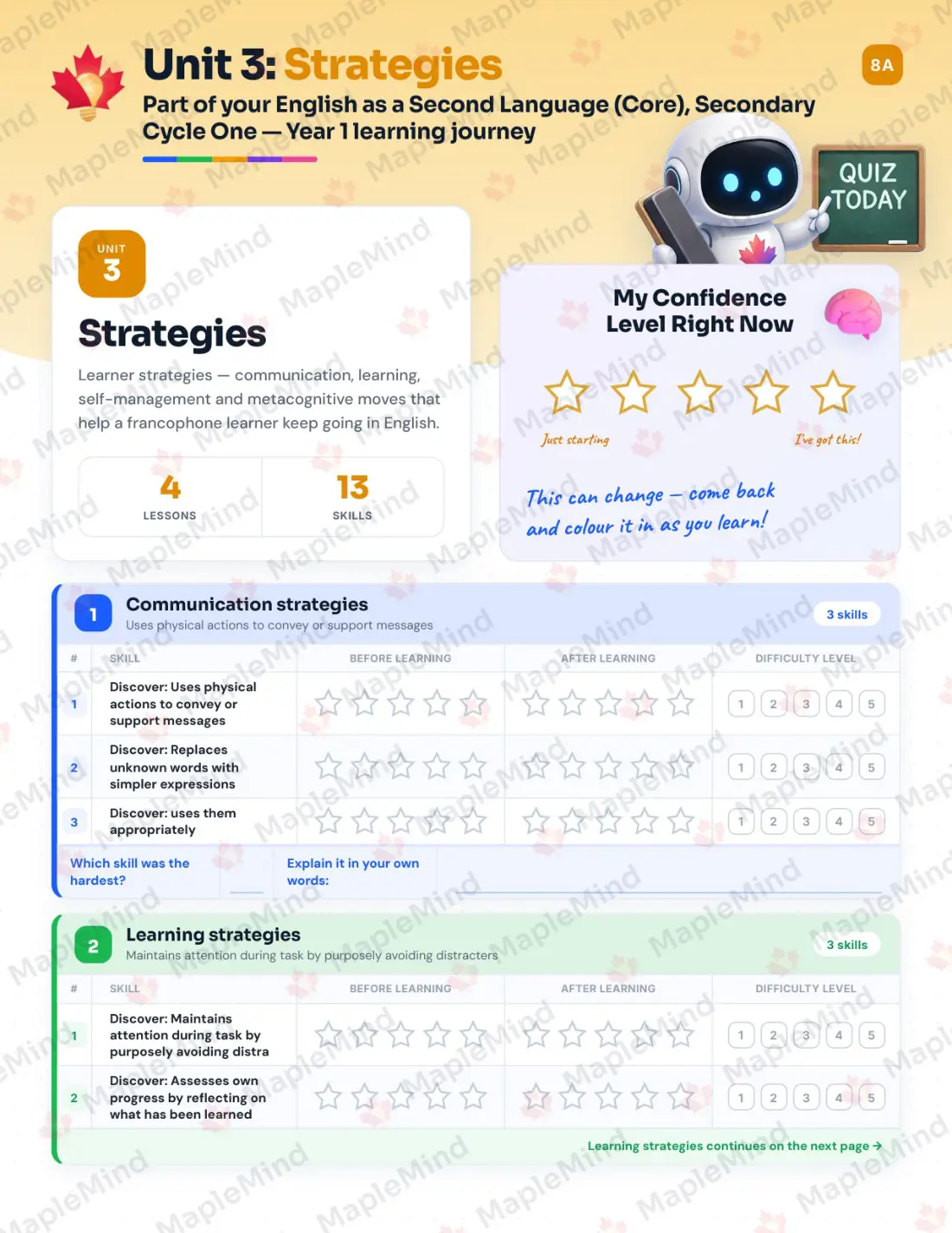 Page 15 of 36 from the English as a Second Language (Core), Secondary Cycle One — Year 1 Quebec Course Companion — skills tracker with before and after self-assessment