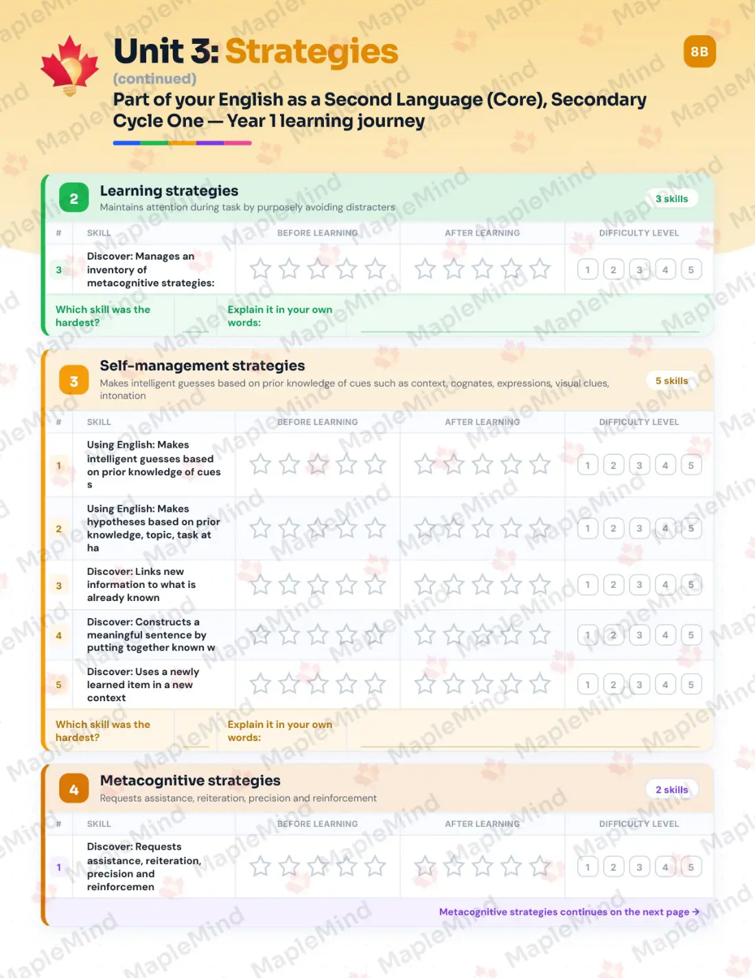 Page 16 of 36 from the English as a Second Language (Core), Secondary Cycle One — Year 1 Quebec Course Companion — skills tracker with before and after self-assessment