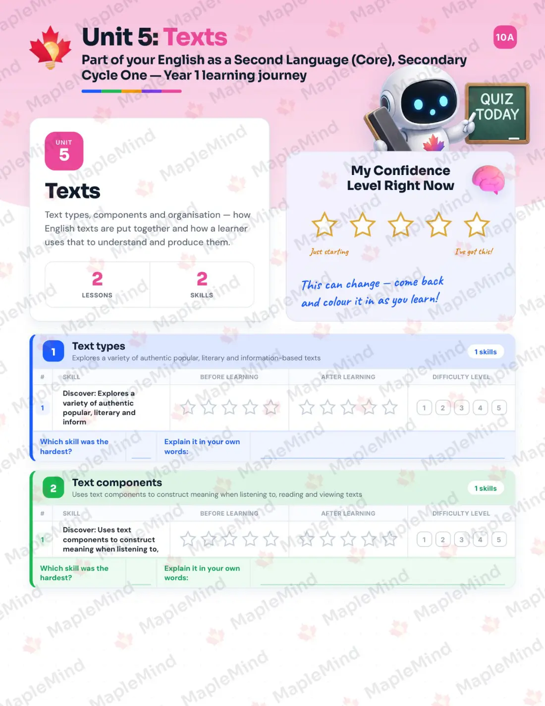 Page 24 of 36 from the English as a Second Language (Core), Secondary Cycle One — Year 1 Quebec Course Companion — skills tracker with before and after self-assessment