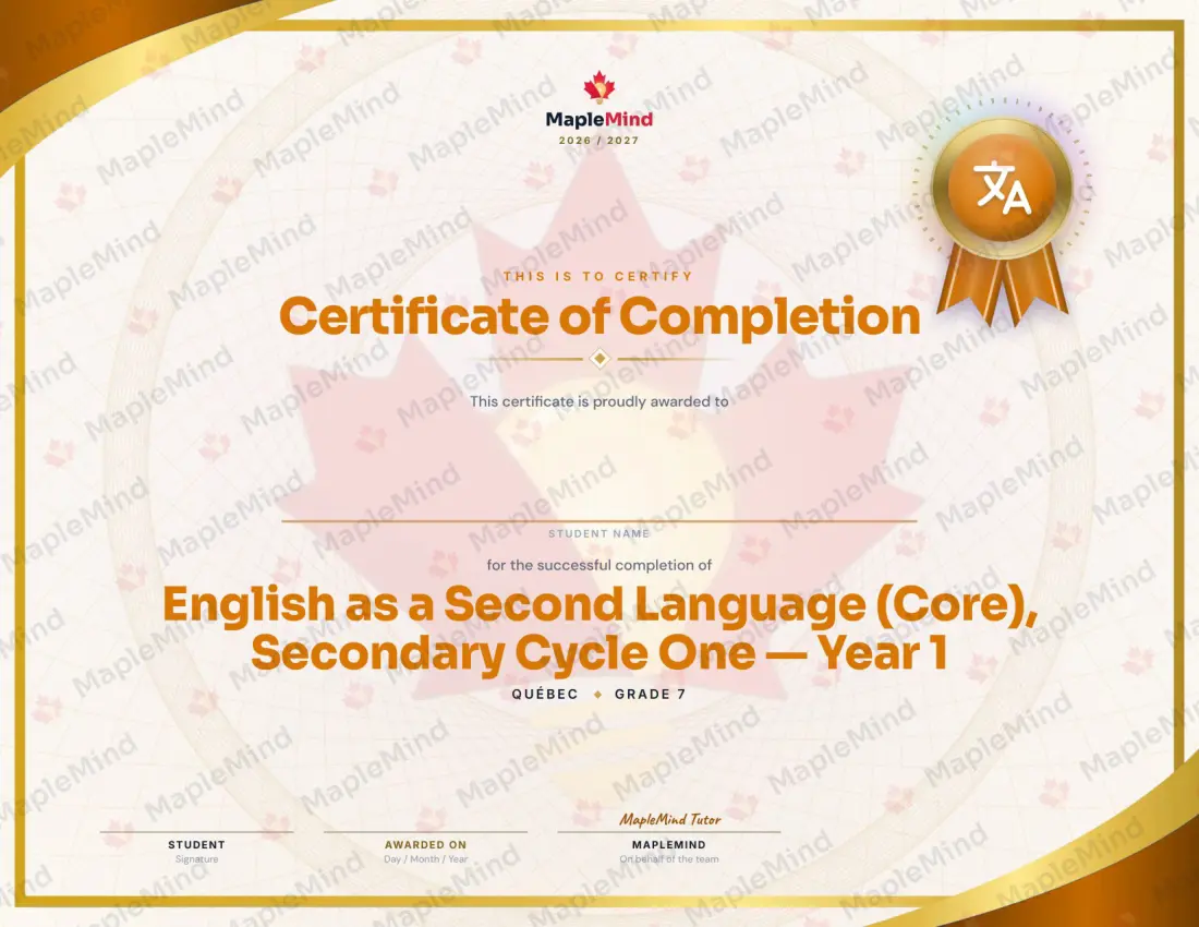 Page 36 of 36 from the English as a Second Language (Core), Secondary Cycle One — Year 1 Quebec Course Companion — year in review and certificate of completion
