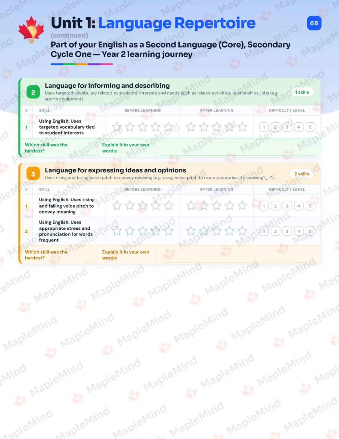 Page 7 of 29 from the English as a Second Language (Core), Secondary Cycle One — Year 2 Quebec Course Companion — skills tracker with before and after self-assessment